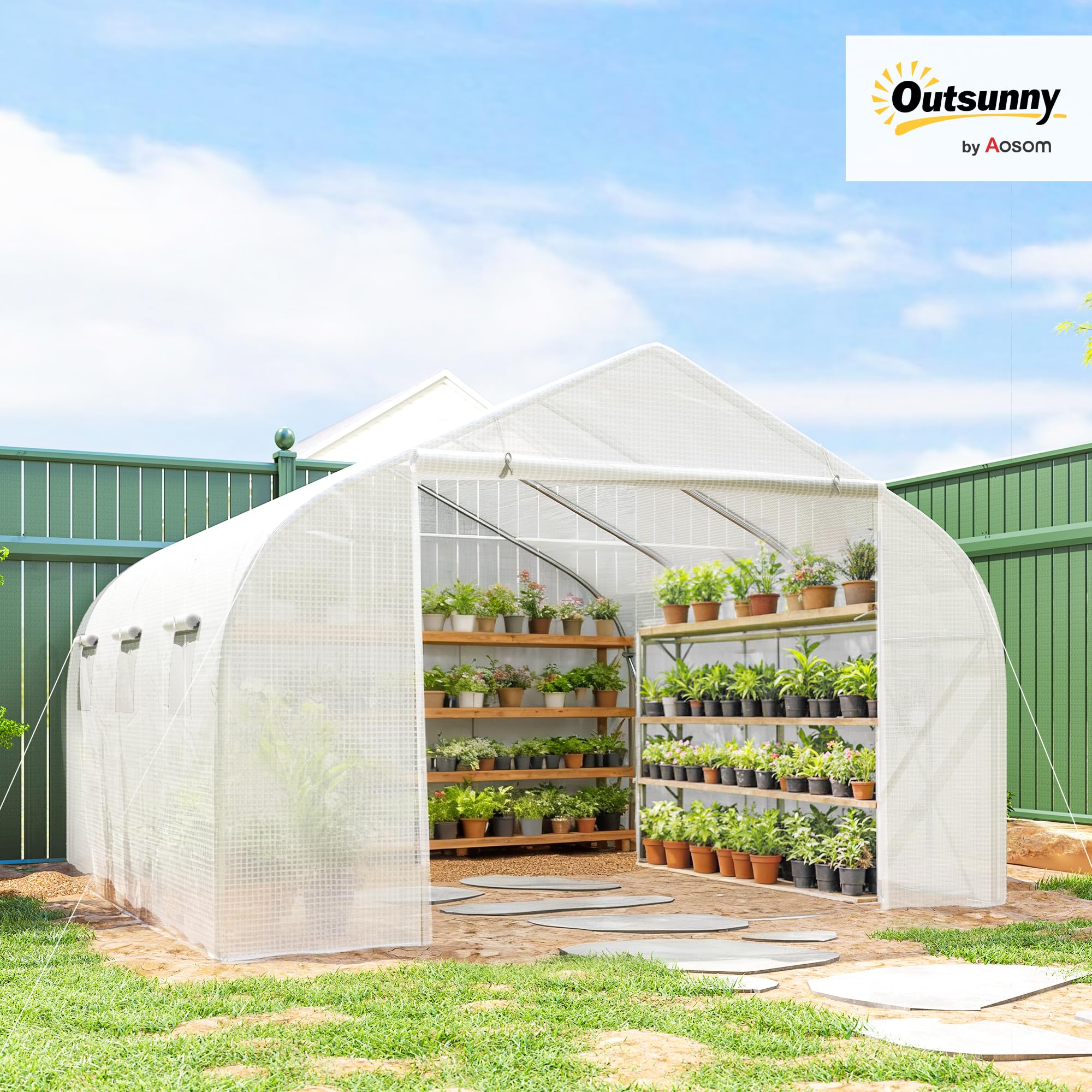 Outsunny Foliengewächshaus, 4,45 x 2,99 x 2,05 m Gewächshaus, Tomatenhaus mit UV-Schutz, Mesh-Fenster, Winddichtes Treibhaus für Garten, Balkon, Metall, Weiß