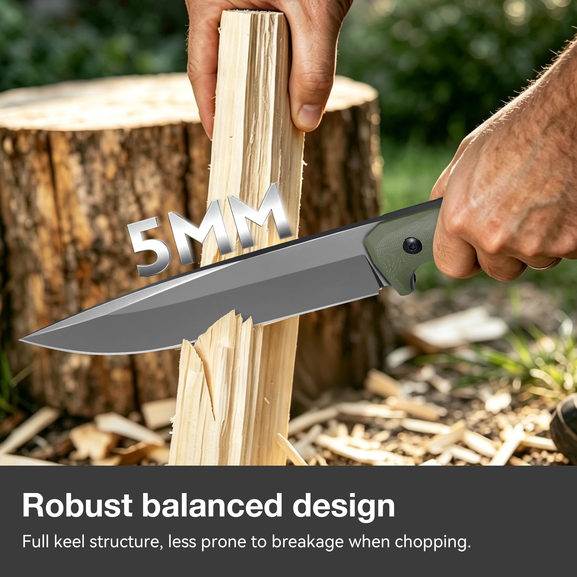 Plys Cuchillo de Supervivencia, Full Tang con Hoja Chapada en Titanio, Mango de G10, Ideal Para Acampar y Cortar Leña, un Regalo Estupendo Para Hombres,Verde