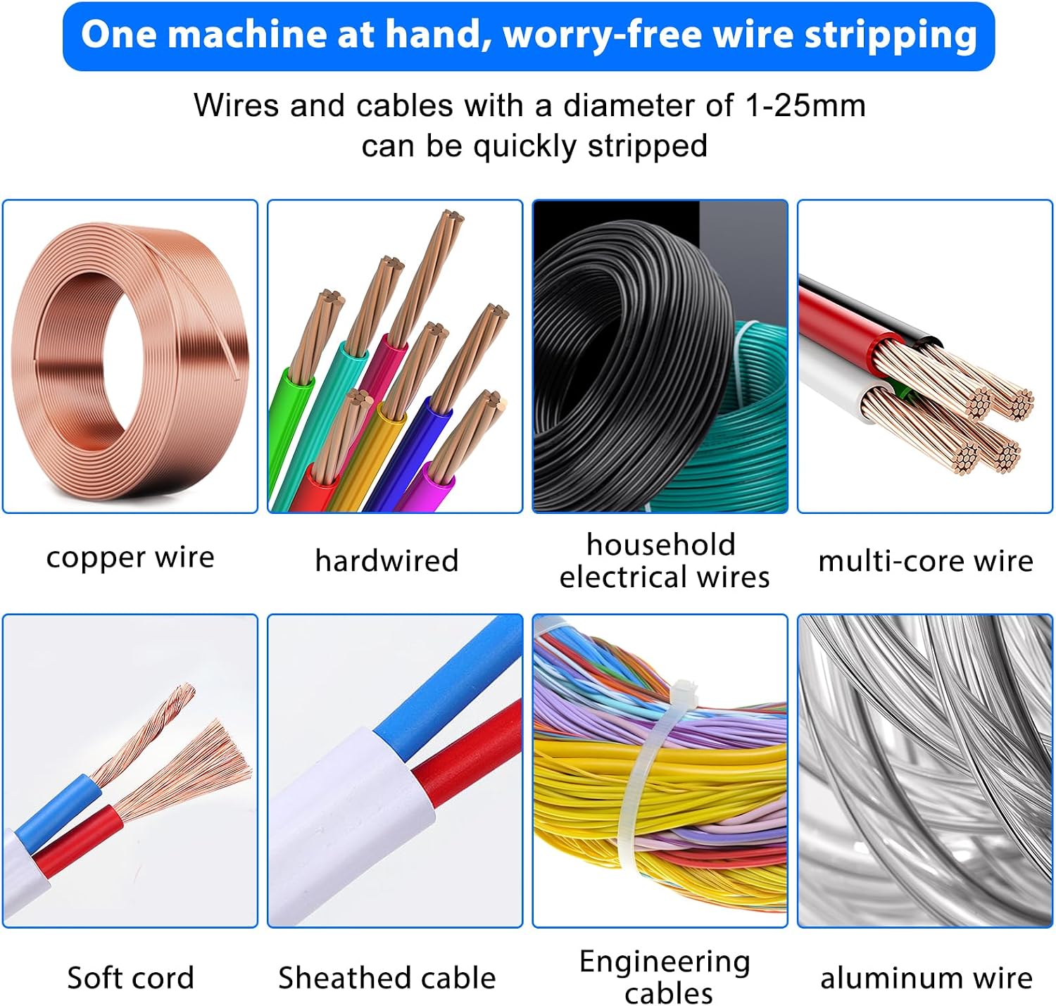Jadeshay Wire Stripping Machine, Portable Smart Auto-Adjust Manual Copper Wire Peeler for 1-25mm Cables, Dual Mode Manual/Electric with Multi-Feed Holes