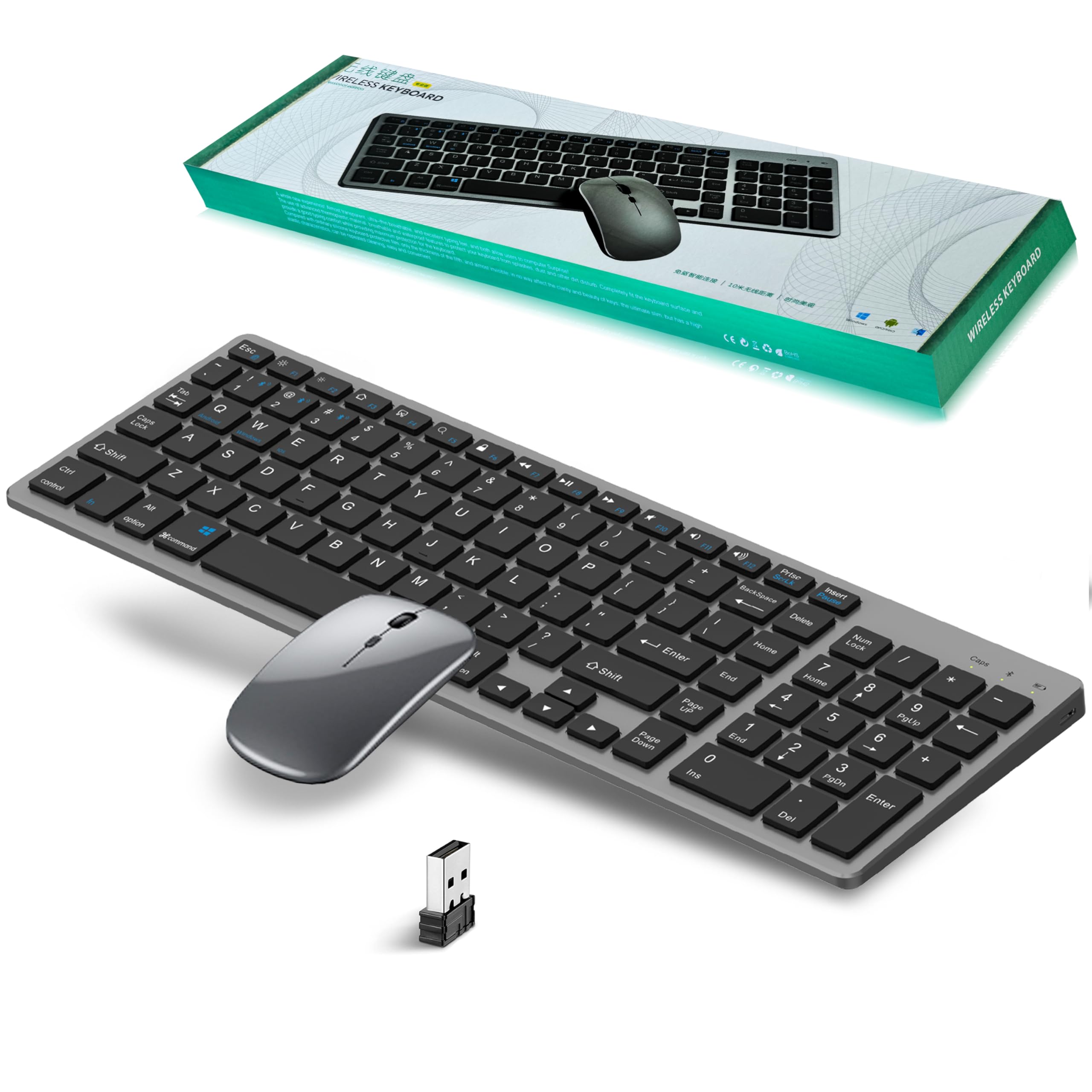 Ensembles Clavier Souris sans Fil Bluetooth & 2.4Ghz USB,Trois Modes,Quatre Canaux,Clavier et Souris sans Fil Rechargeable Silencieuse,Clavier Ultra-Fin avec Pavé Numérique pour PC/Laptop/Mac,QWERTY