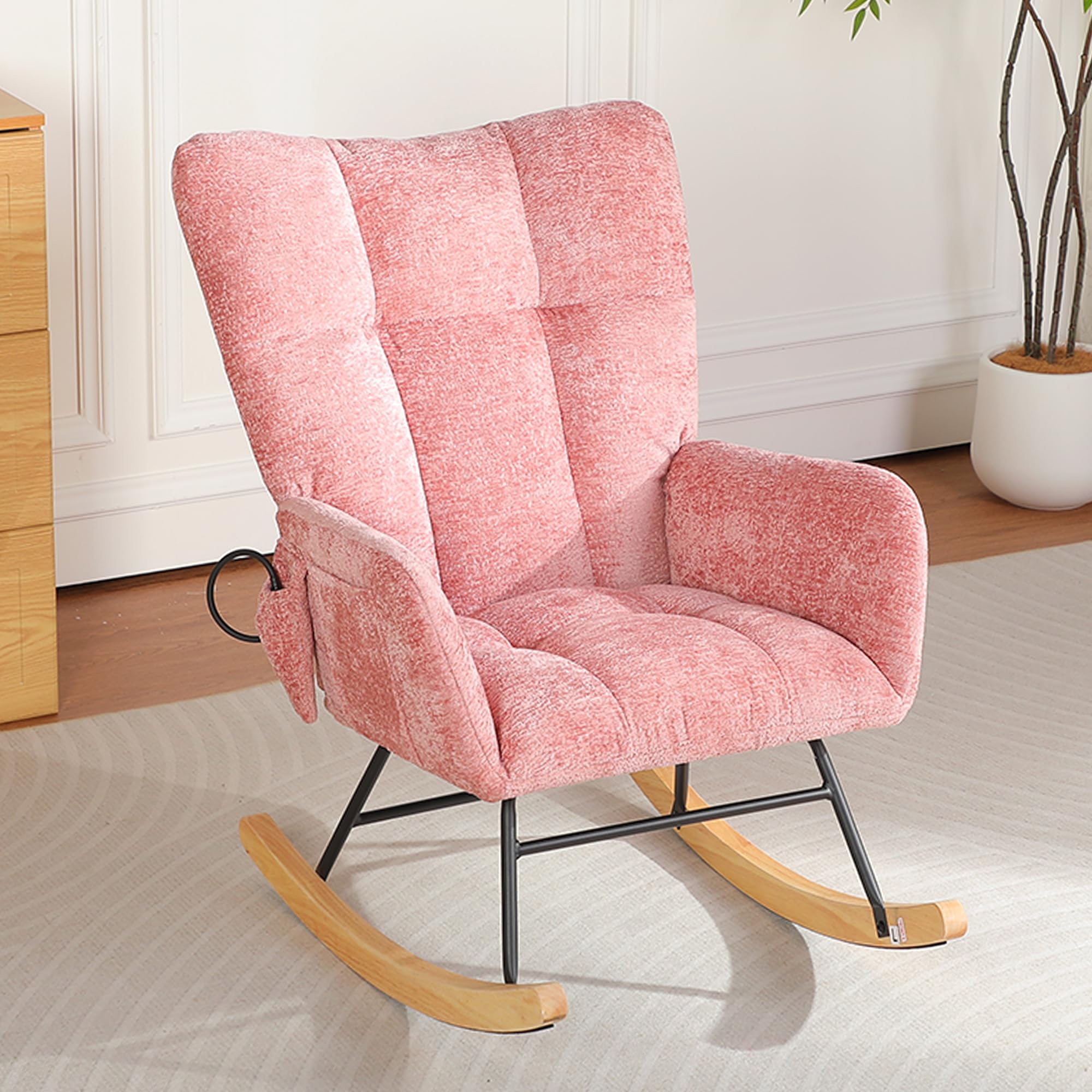Rocking Chair Nursery with Airbag, Comfy Nursery Rocking Reading Chair Indoor, Cozy Upholstered Glider Rocker Chairs for Living Room Bedroom Offices, Sillas Mecedoras(Chenille, Pink)