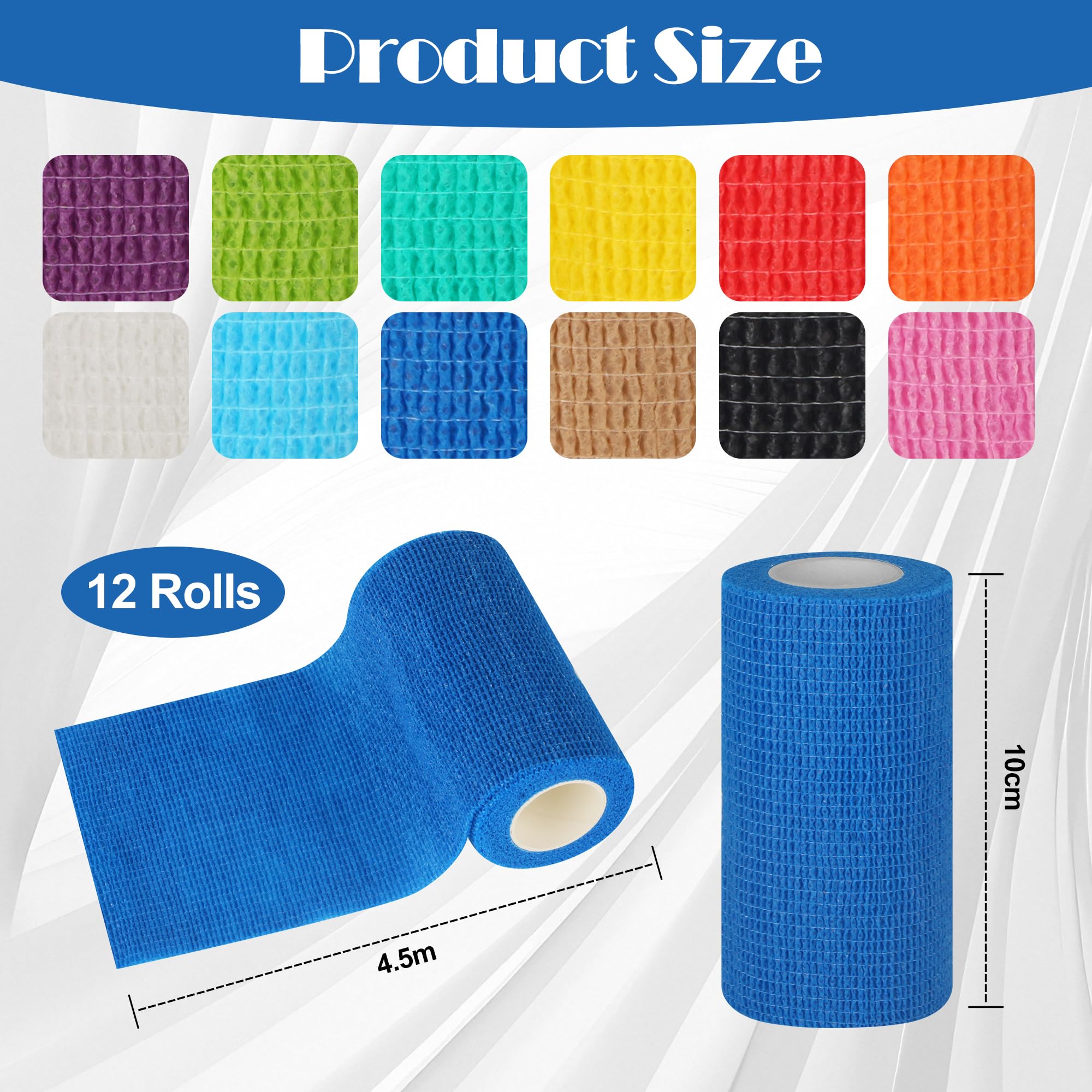 12 Rotoli Benda Elastica Coesiva 10cm x4.5m, Bendaggio Adesiva Sportivo Non Tessuto Autoadesivo Benda Salvapelle Fasciature per Mani, Piedi, Ginocchia, Anche per Bendaggi Veterinari per Animali