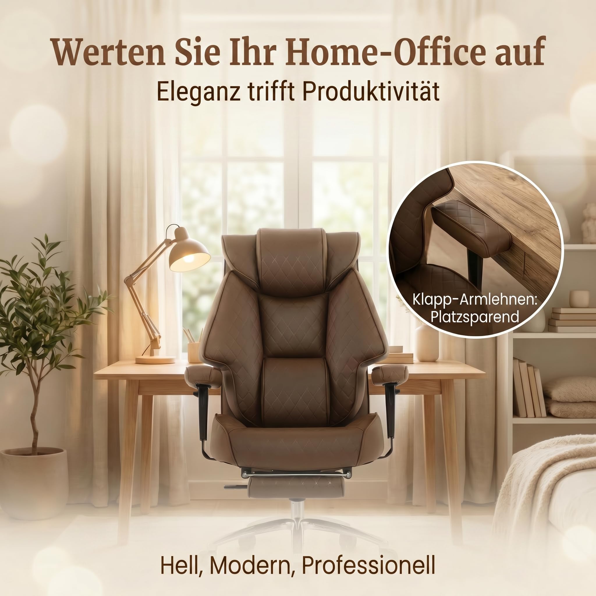 EXCEBET Silla de Oficina Dirección XXL 180kg, Silla de Escritorio Ergonómica con Muelles Ensacados, Asiento Ancho para Sentarse en Cruz, Reclinable 135°, Cuero PU（Marrón）