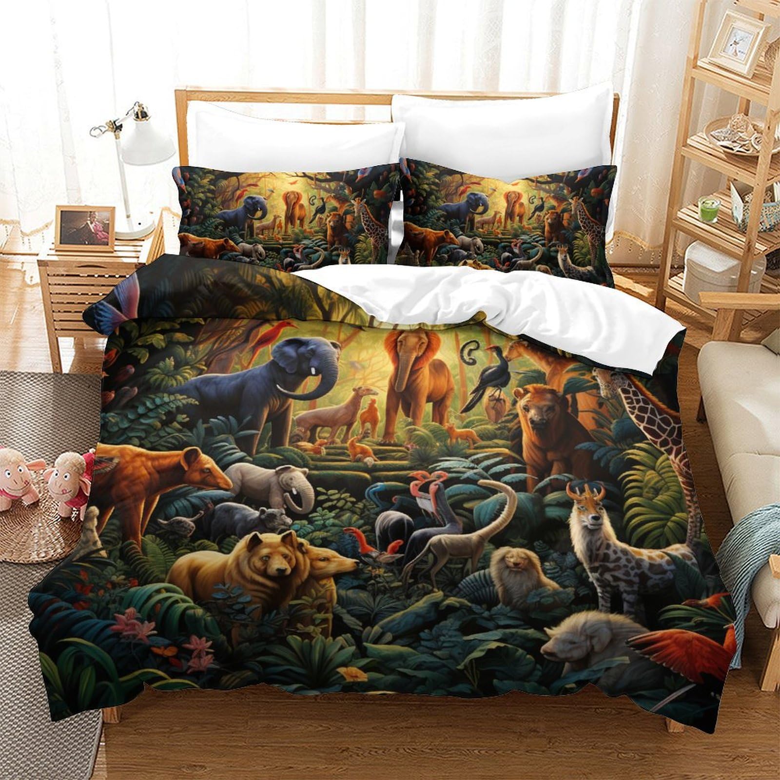 Housse de couette fermeture éclair animaux de la jungle 3D pour lit King 220x240