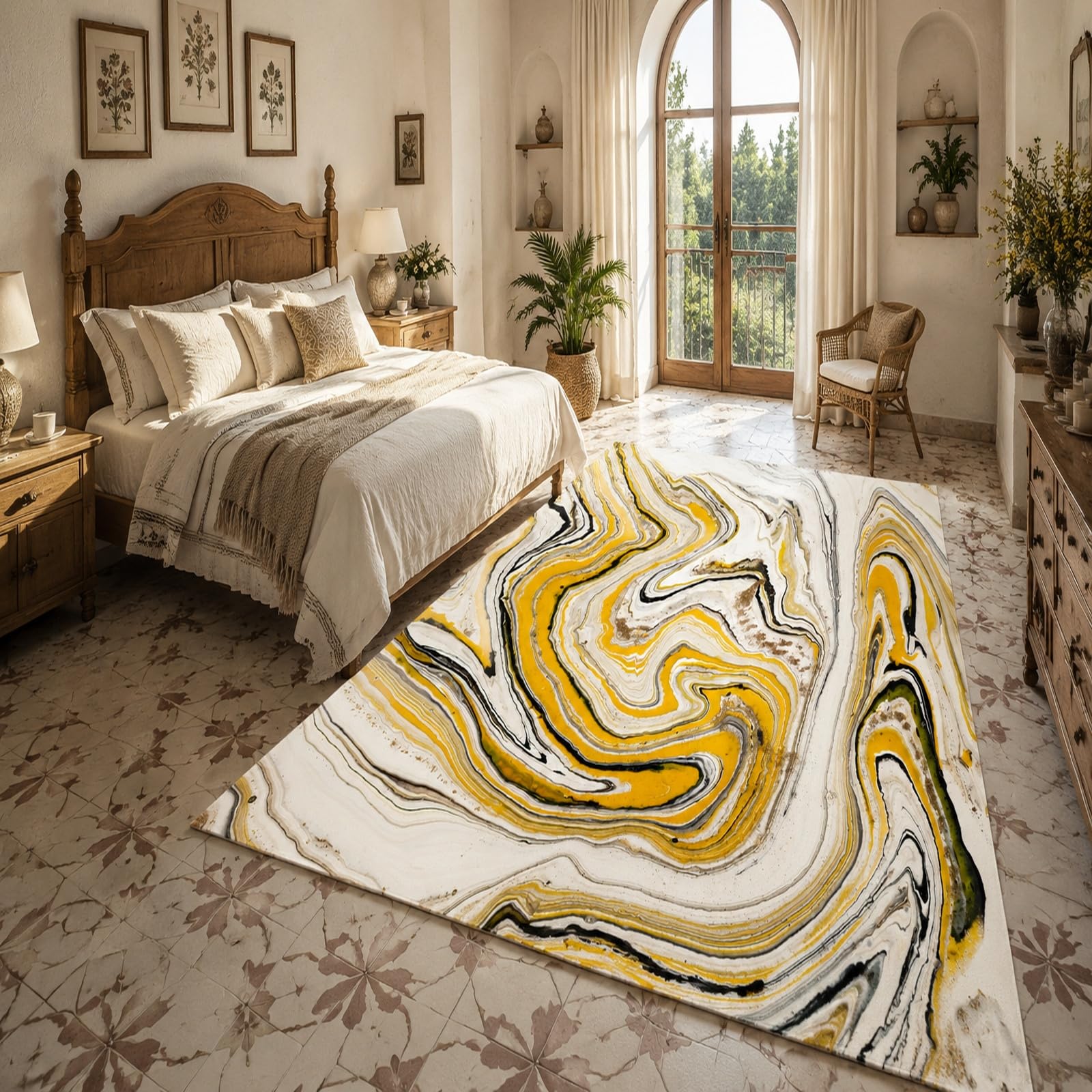 Grand tapis salon abstrait jaune noir et blanc 200x300 cm pour décoration de chambre moderne