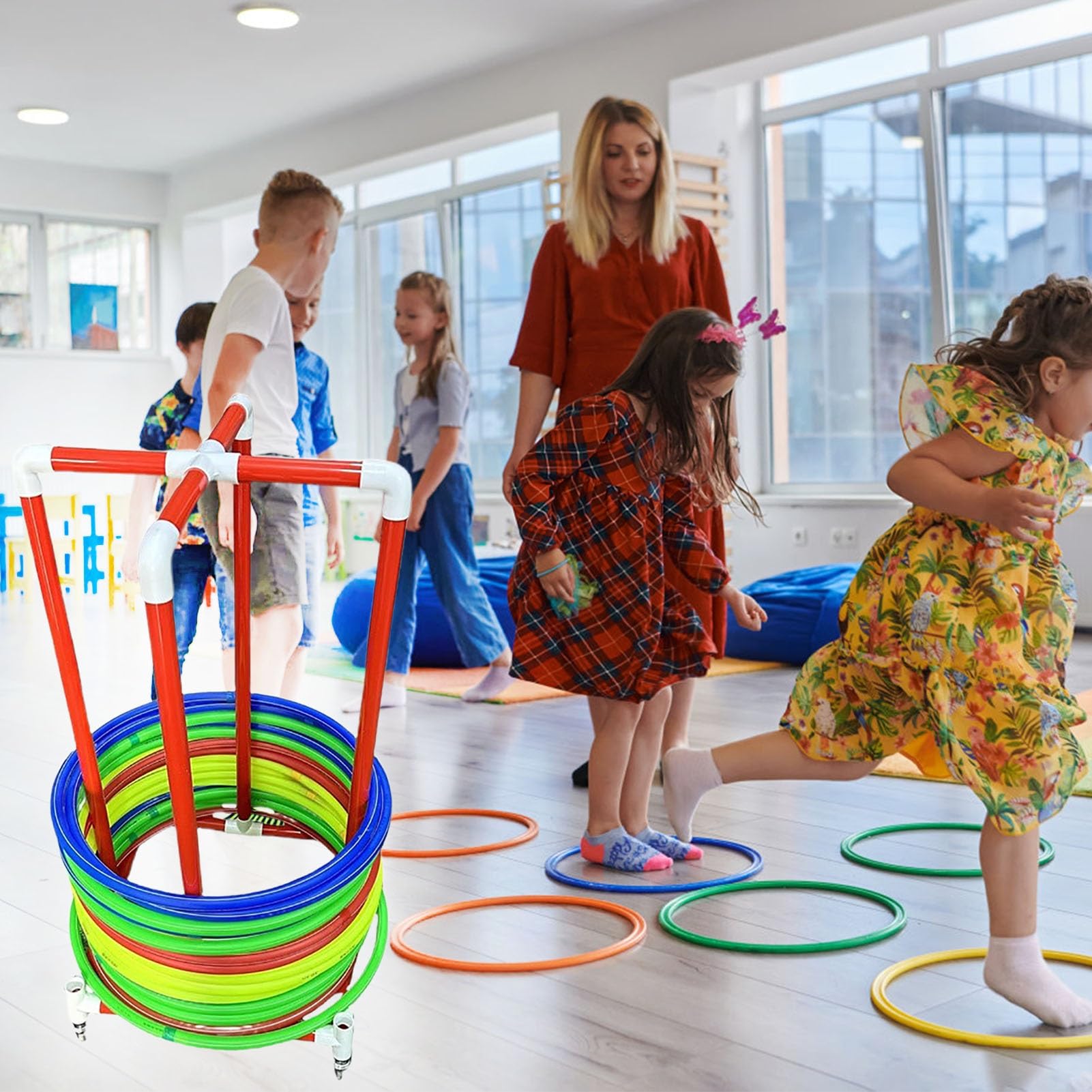 Hula Hoop Equipment Holder for Obstacle Course, Rolling Gym Jump Rope Storage Rack on Wheels, Middle School PE Classes Hoops Organizer Cart(55cm (21 5/8