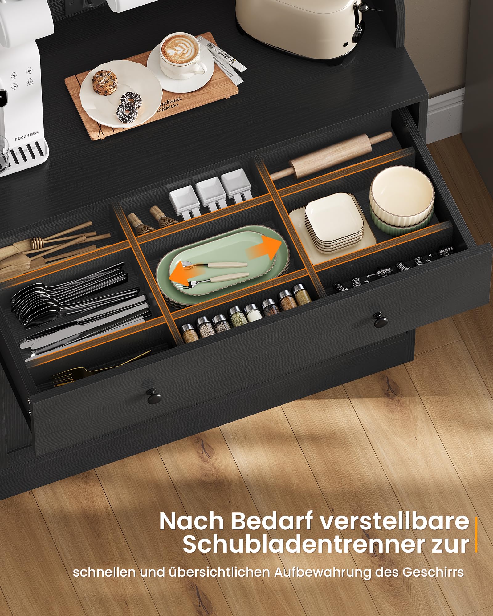 KIMENICH Küchenschrank mit Arbeitsfläche, Buffetschrank mit Schublade, Sideboard mit LED, Steckdose, Glasschranktür, Verstellbare Ablagen, Küche, Wohnzimmer, Esszimmer, Schwarz