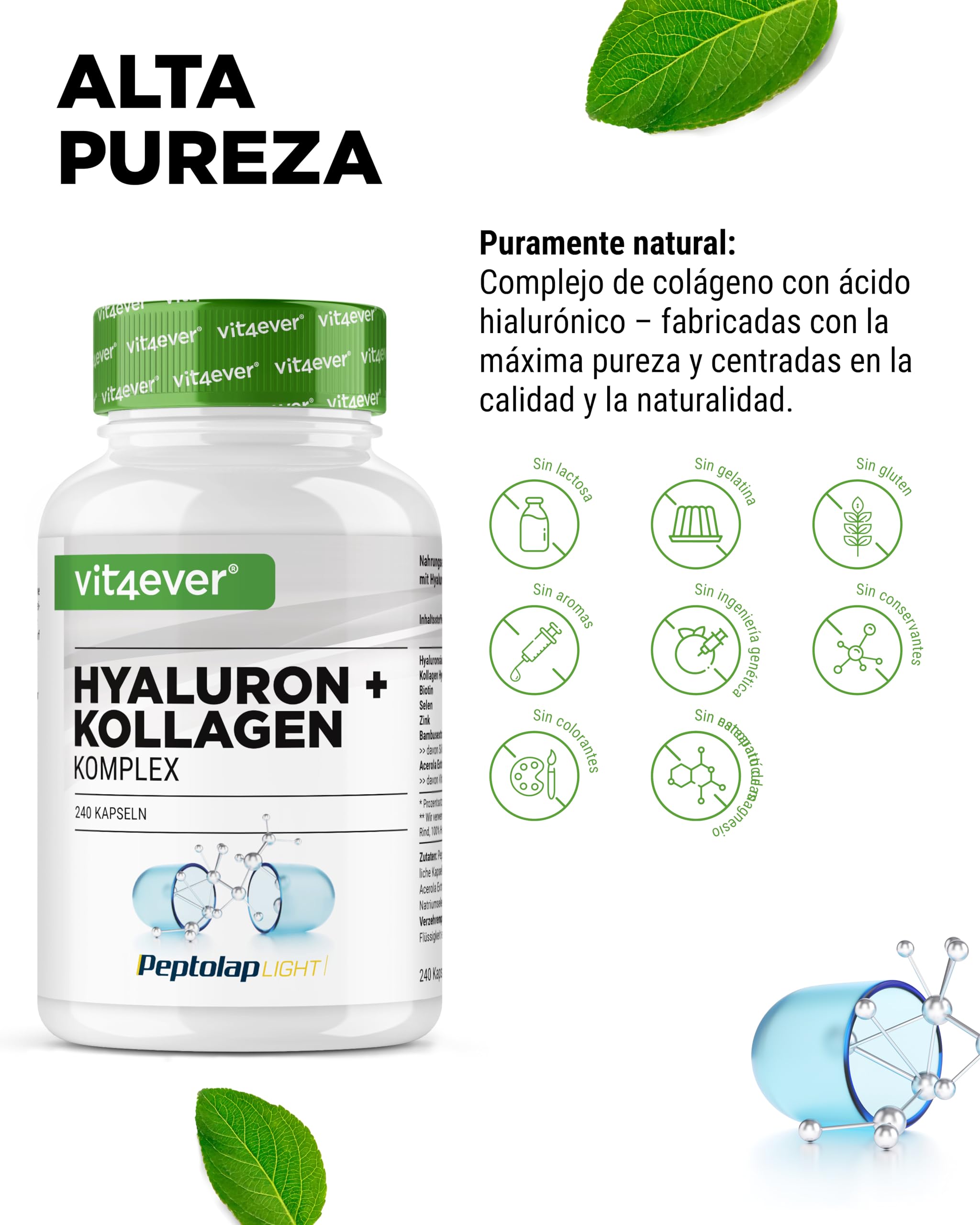 vit4ever Complejo de Ácido Hialurónico y Colágeno - 240 cápsulas - Premium: Con Biotina Bioactiva, Selenio, Zinc, Vitamina C natural de la Acerola y Silicio de Bambú
