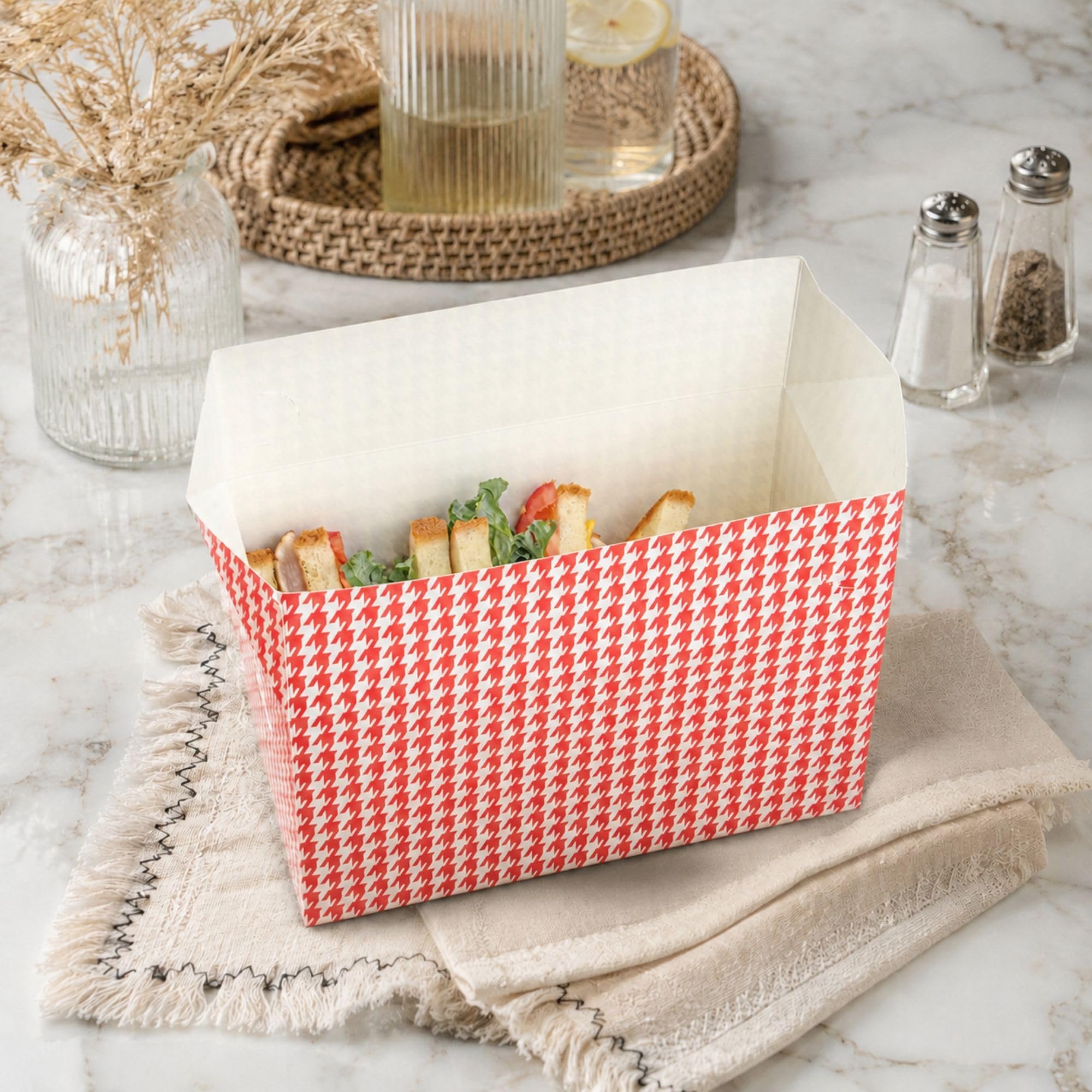 Bio Tek - Cajas para llevar de 80 onzas, 100 recipientes rectangulares para alimentos, cierre superior rápido, desechables, contenedores de papel de pata de gallo rojo, para hamburguesas o pollos