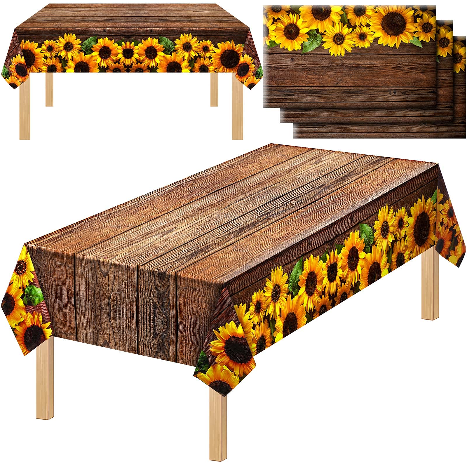 Tegeme 3 Pcs Disposable Sunflower Tablecloth 42.5 x 70.8 Inch Wood Grain Plastic Rustic Vintage Rectangle Table Covers Countryside Outdoor Tablecloth for Dinning Table Kitchen Party Banquet
