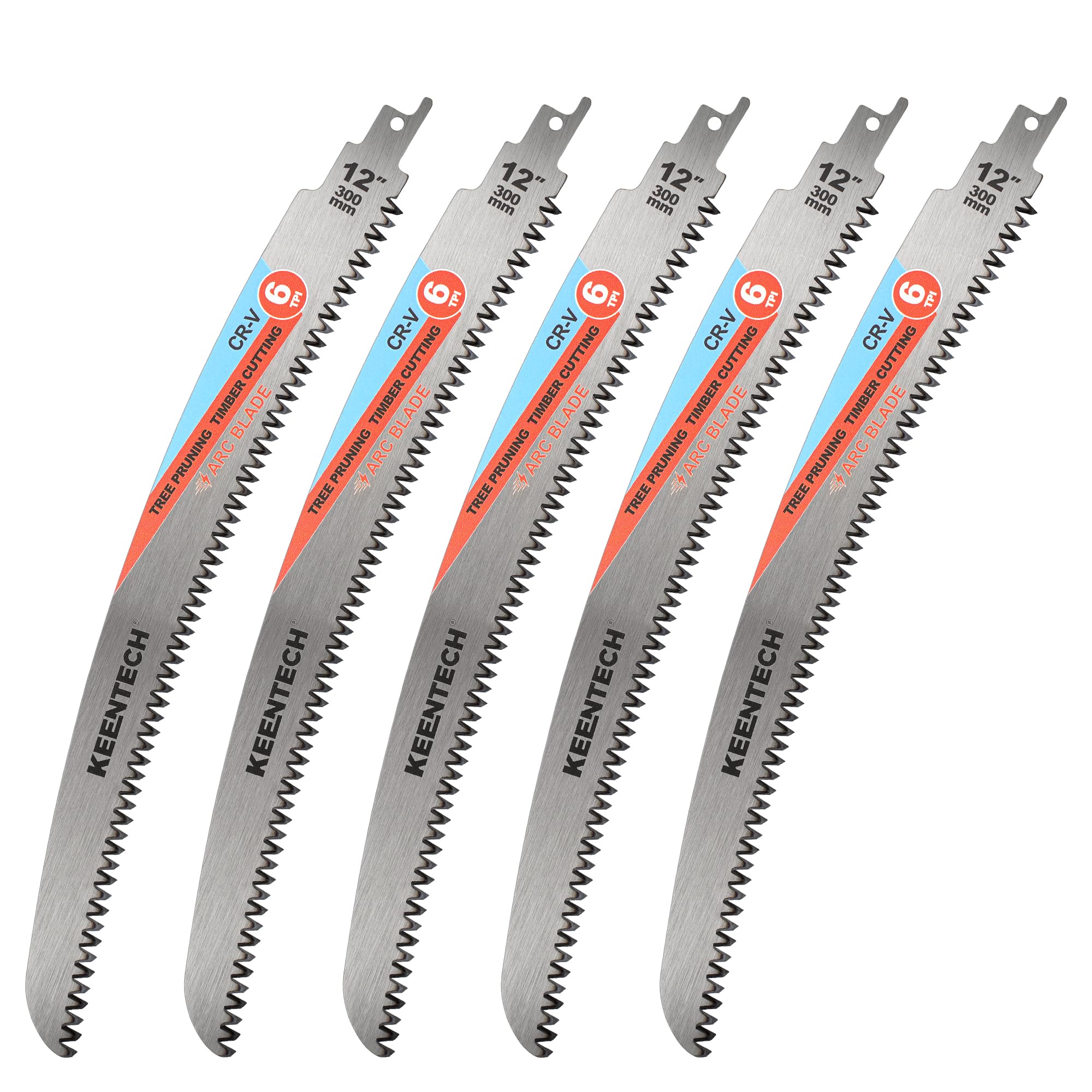 KEENTECH 300mm Arc-Shaped Reciprocating Saw Blades for Wood Cutting & Tree Pruning, Cr-V Steel, 6 TPI Triple-Ground Japanese Teeth for Ultra-Fast Wood Cutting, Fits Most Reciprocating Saws, 5-Pack