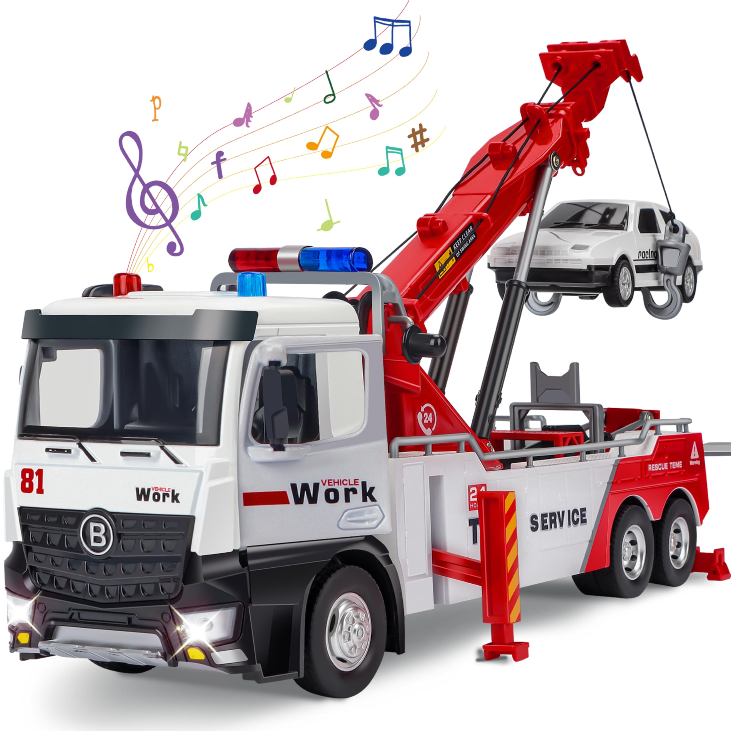 JONRRYIN Carroattrezzi Giocattolo, Camion gru per bambini, Veicolo di Recupero con Luci e Suoni, Camion Trasportatore Funzione, Regalo Giocattolo per Bambini dai 3 Anni in Su
