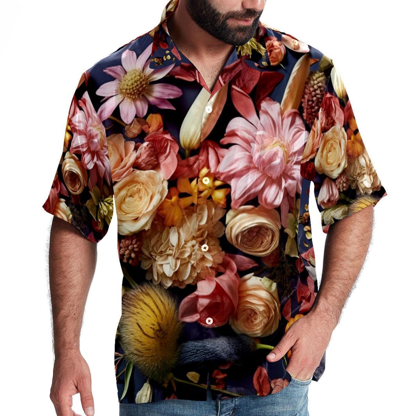 Men's Multicoloured Colorful Flowers Shirt Hawaiian Shirt Summer Beach Short Sleeve Shirts Aloha Shirt With Button