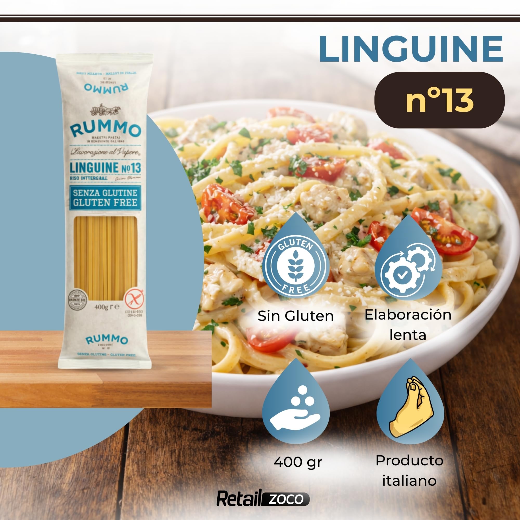 Linguine Rummo Nº13, Pasta Italiana, Pasta sin gluten, Pasta alimenticia con harina de arroz integral y maíz, Sin gluten, Elaboración lenta, 3 Paquete de 400 gr