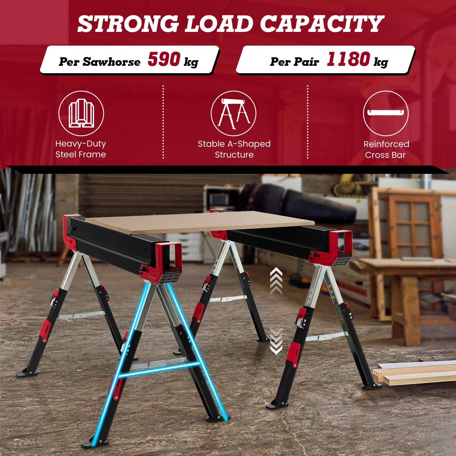 SOARS Lot de 2 Tréteaux, Tréteau Pliable Métallique Charge Max 1180 KG, Hauteur Réglable, Surface de Travail Antidérapante, Supports Dépliables & Poignée de Transport (Noir+Rouge)