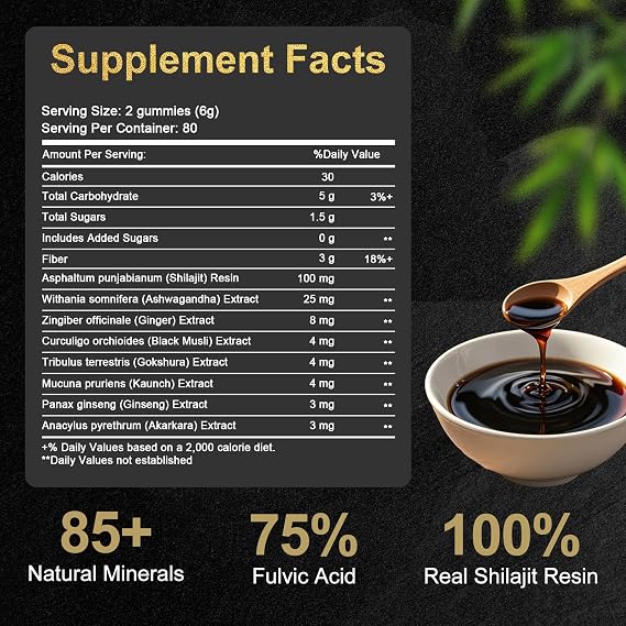 Shilajit Gummies, Pure Himalayan Shilajit Gummies Gold, No Added Sugar Non-GMO 100% Natural & Organic, Ashwagandha, Gokshura| Fulvic Acid & 85+ Trace Minerals for Men, Women | 80 Gummy