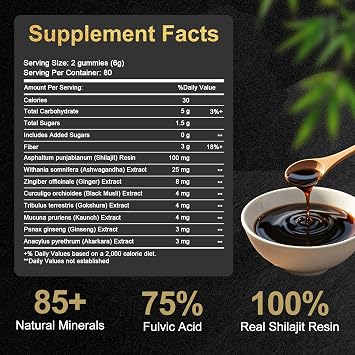 Shilajit Gummies, Pure Himalayan Shilajit Gummies Gold, No Added Sugar Non-GMO 100% Natural & Organic, Ashwagandha, Gokshura| Fulvic Acid & 85+ Trace Minerals for Men, Women | 80 Gummy