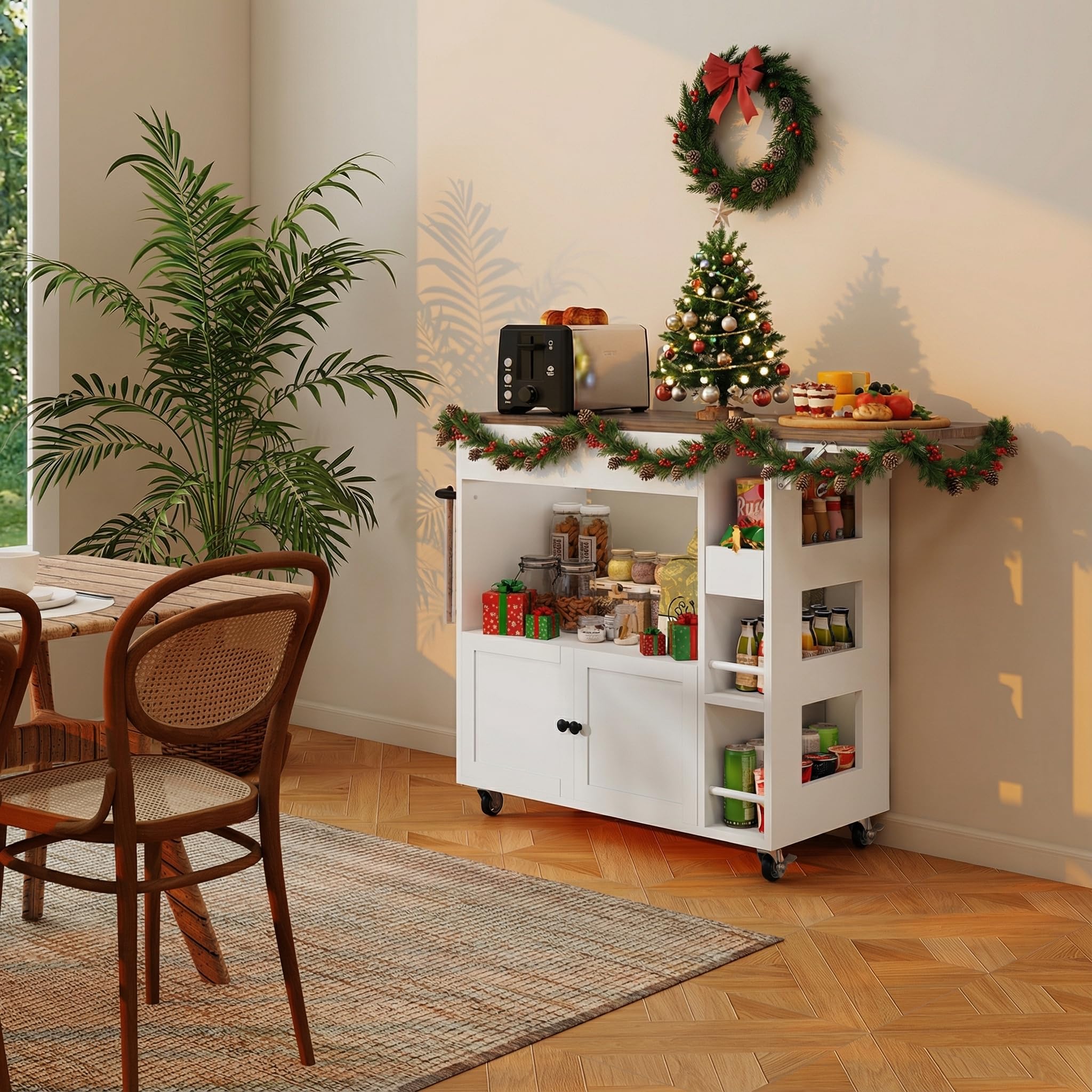 ARTETHYS Kücheninsel mit Klappbarer Arbeitsplatte, Rollwagen mit Schubladen und Türen, Servierwagen, Buffetschrank für Küche, Esszimmer & Outdoor, Weiß