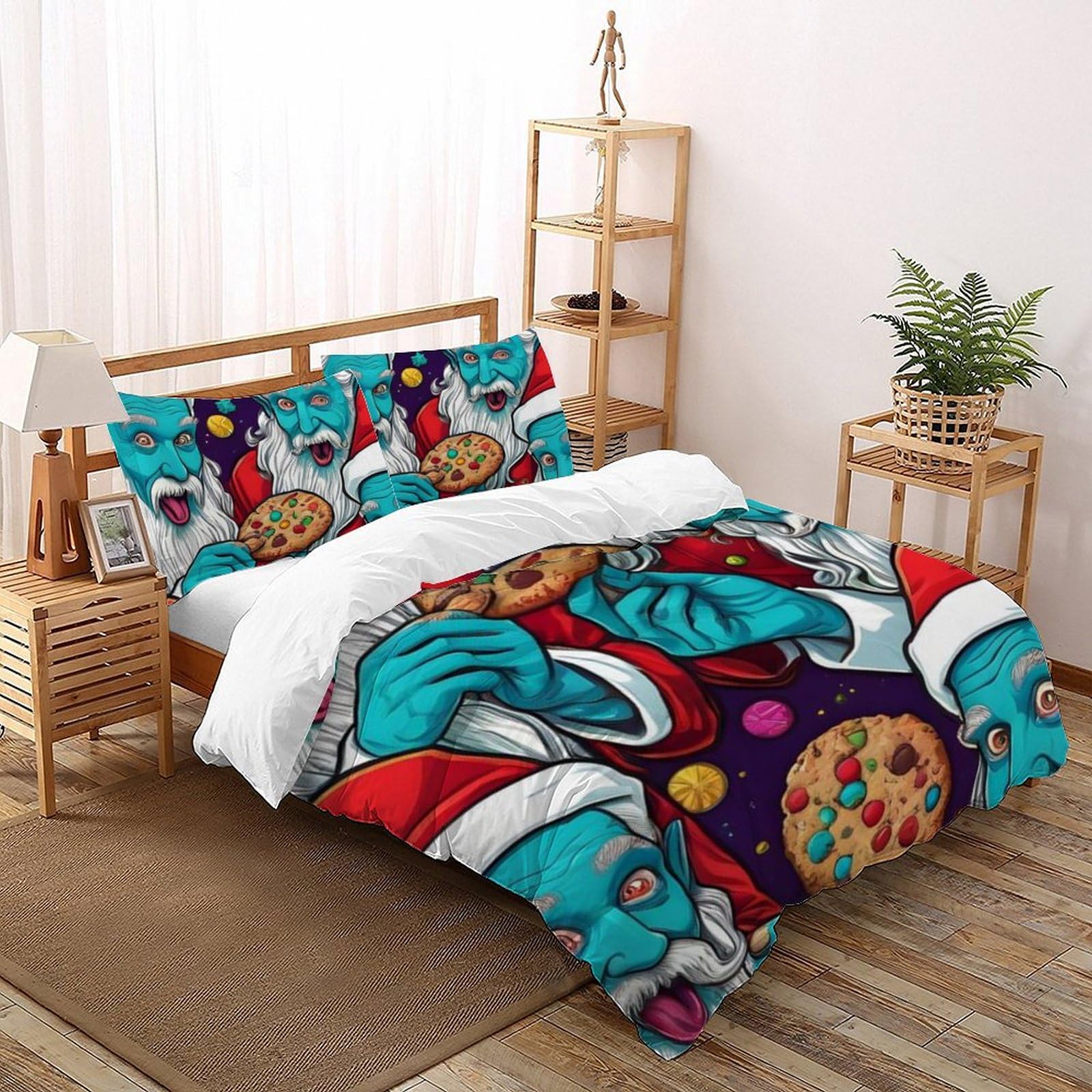 Housse de couette double Père Noël bleu 200x200 en microfibre pour chambre de garçon avec 2 taies