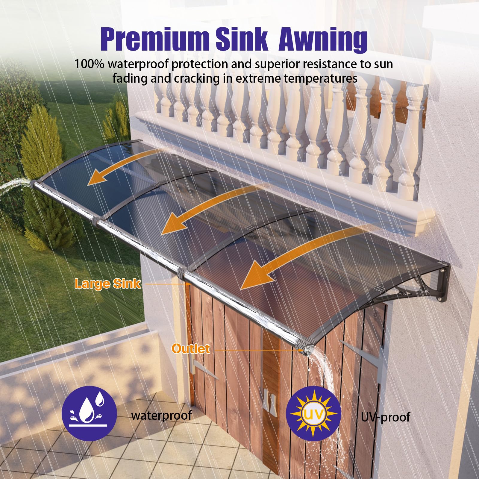 Marquesina Puerta Exterior 80 x 150 cm – Marquesina Exterior con Drenaje de Policarbonato y Soportes de ABS, Protección contra Lluvia, Nieve y Rayos UV para Puerta, Ventana y Terraza