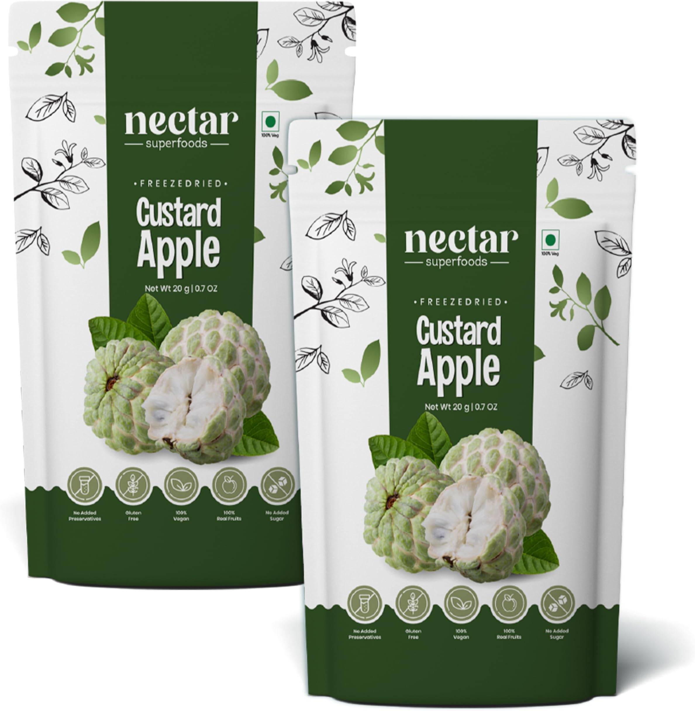 Nectar Superfoods Freeze Dried Custard Apple (Sitafal) | 0.7 Oz (20gram) Pouch | Vegan & Gluten Free Fruit Snack | Indian Fruit | (PACK OF 2)