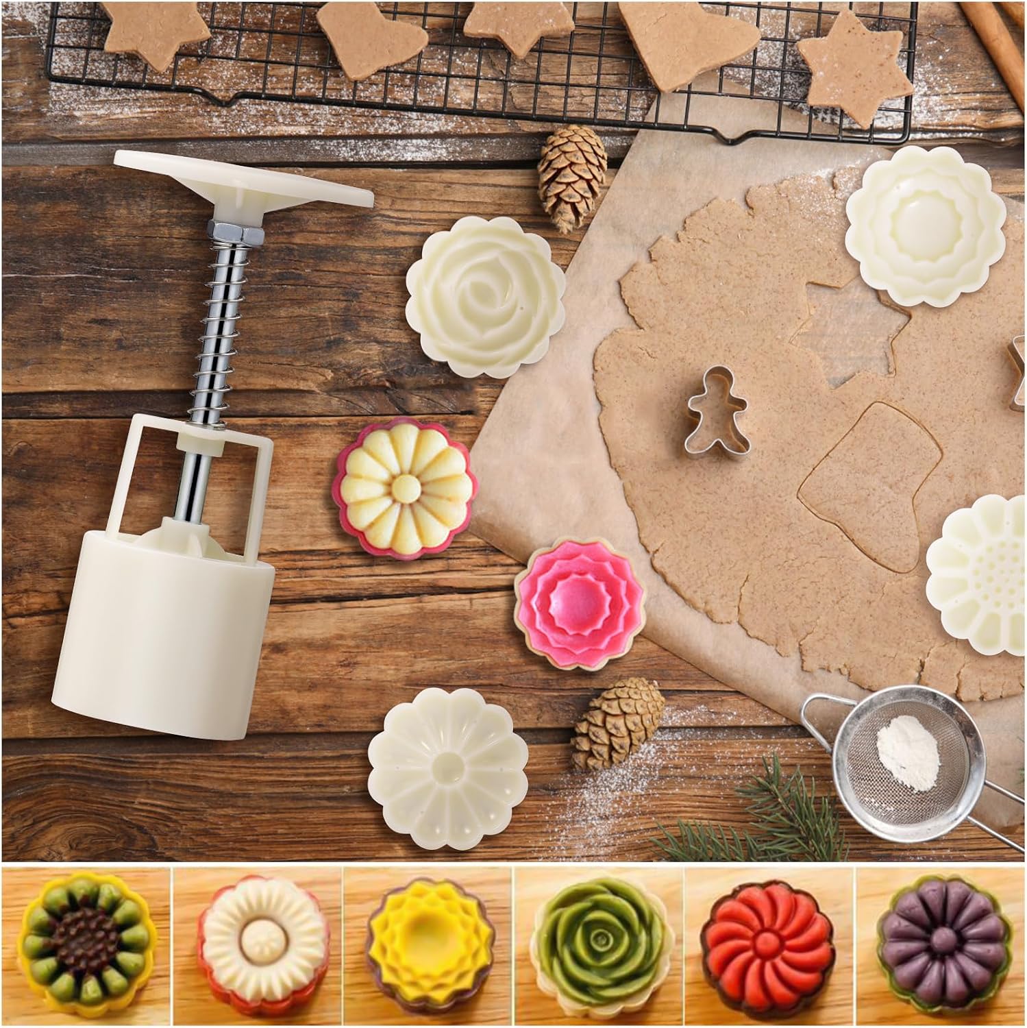Ciieeo 1 Set Mold Moon Cake Mold Press Chinese Mold Hand-Pressure Molds 1 Mold 6 Stamps 50g