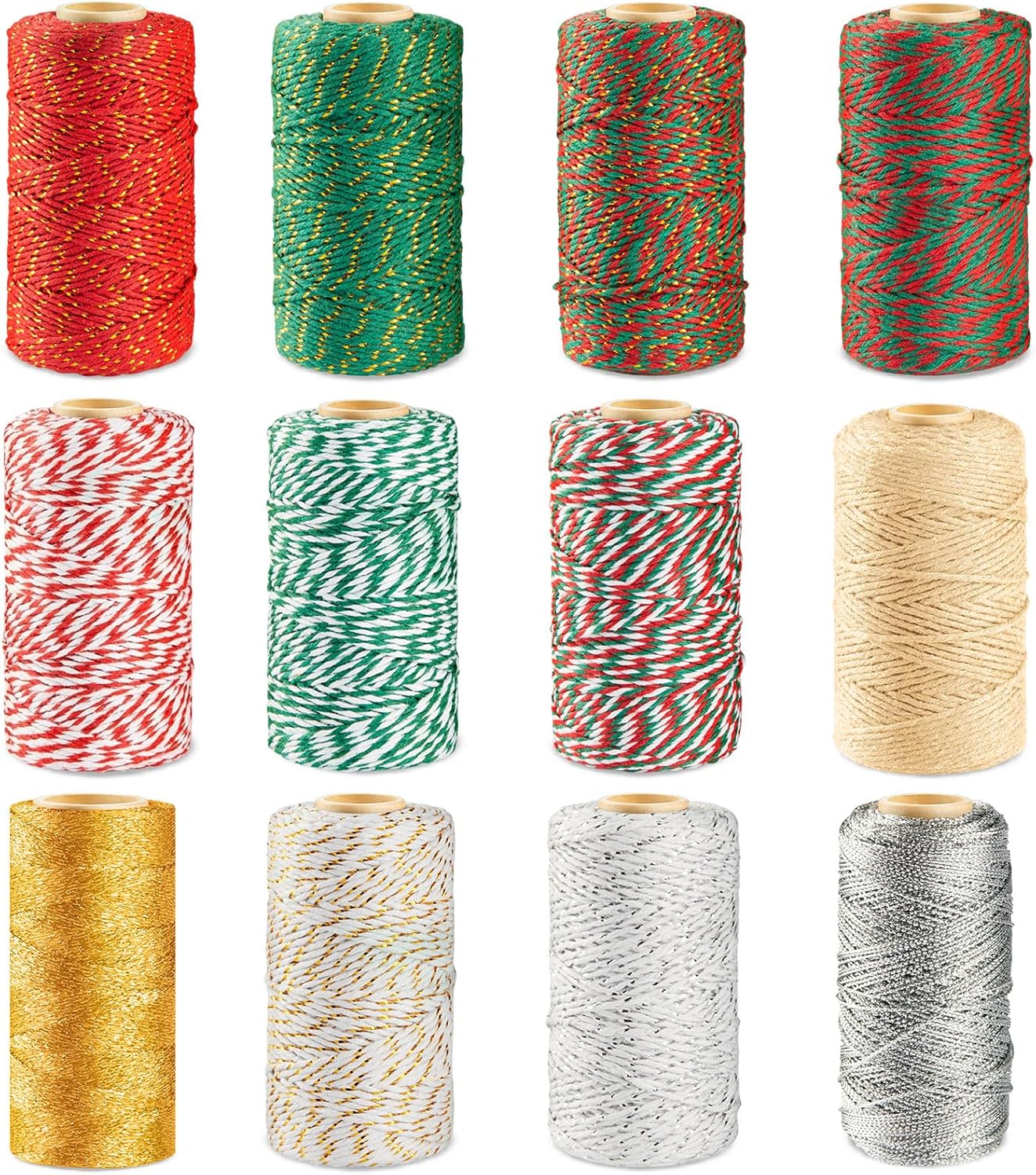 12 Rolls Christmas Twine Cotton String 328 Feet/Roll Colored Christmas Twine Bakers String for Gift Wrapping, Crafts, Baking, Xmas Holiday Decorations (Mix Colors)