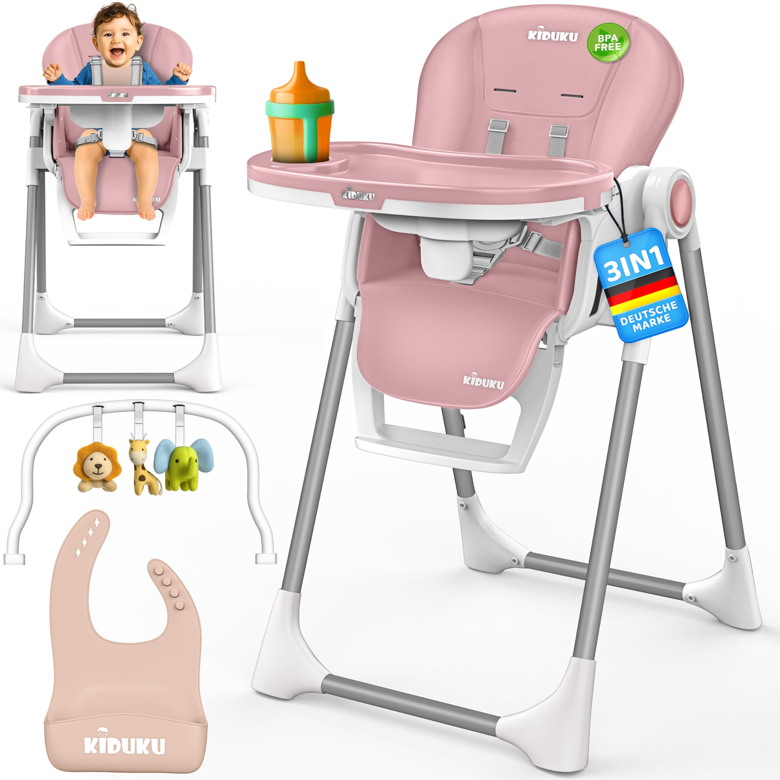 KIDUKU® Hochstuhl Baby 3in1 mit Neugeborenenaufsatz + Lätzchen, Spielbogen & Tisch | Kinderhochstuhl klappbar mit Liegefunktion | Kombihochstuhl höhenverstellbar | Babystuhl mitwachsend 0-36 Monate