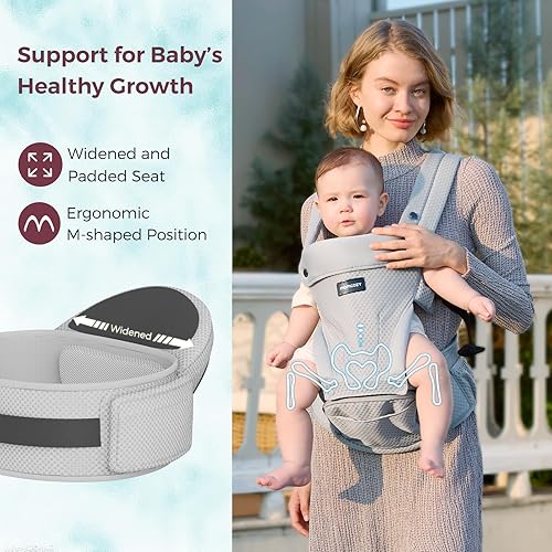 Miniatura 7 de Momcozy Portabebés con asiento de cadera, transporte orientado hacia adelante 2 en 1 para bebés activos, transportador desmontable manos libres de