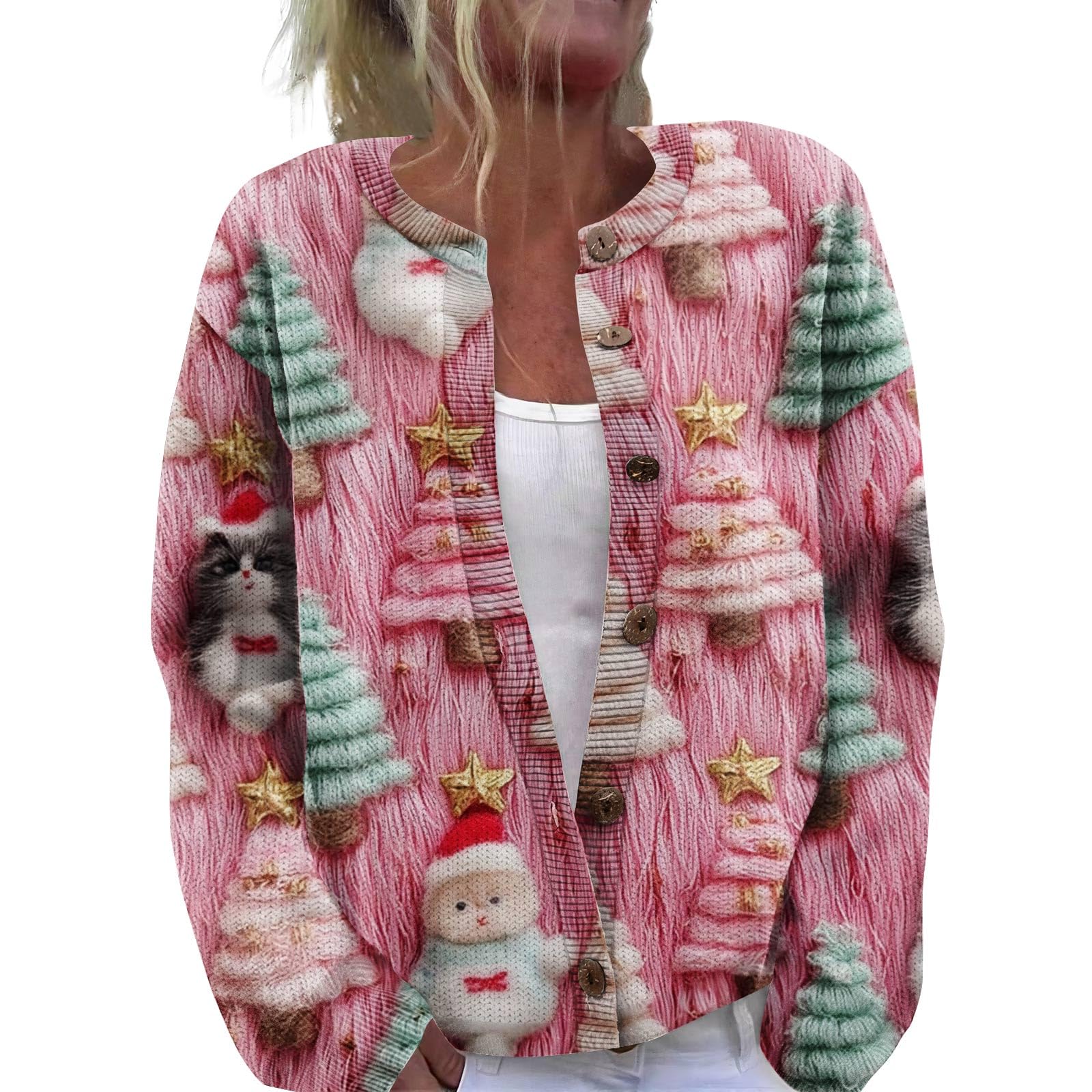 Womens Funny Fall Winter Christmas Tree Long Sleeve Casual Funny Xmas Button Knit Cardigan Sweater