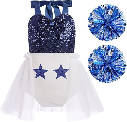 IBTOM CASTLE Disfraz de animadora para bebés y niñas sin espalda con lentejuelas y estrellas vestido tutú con pompones de animadora