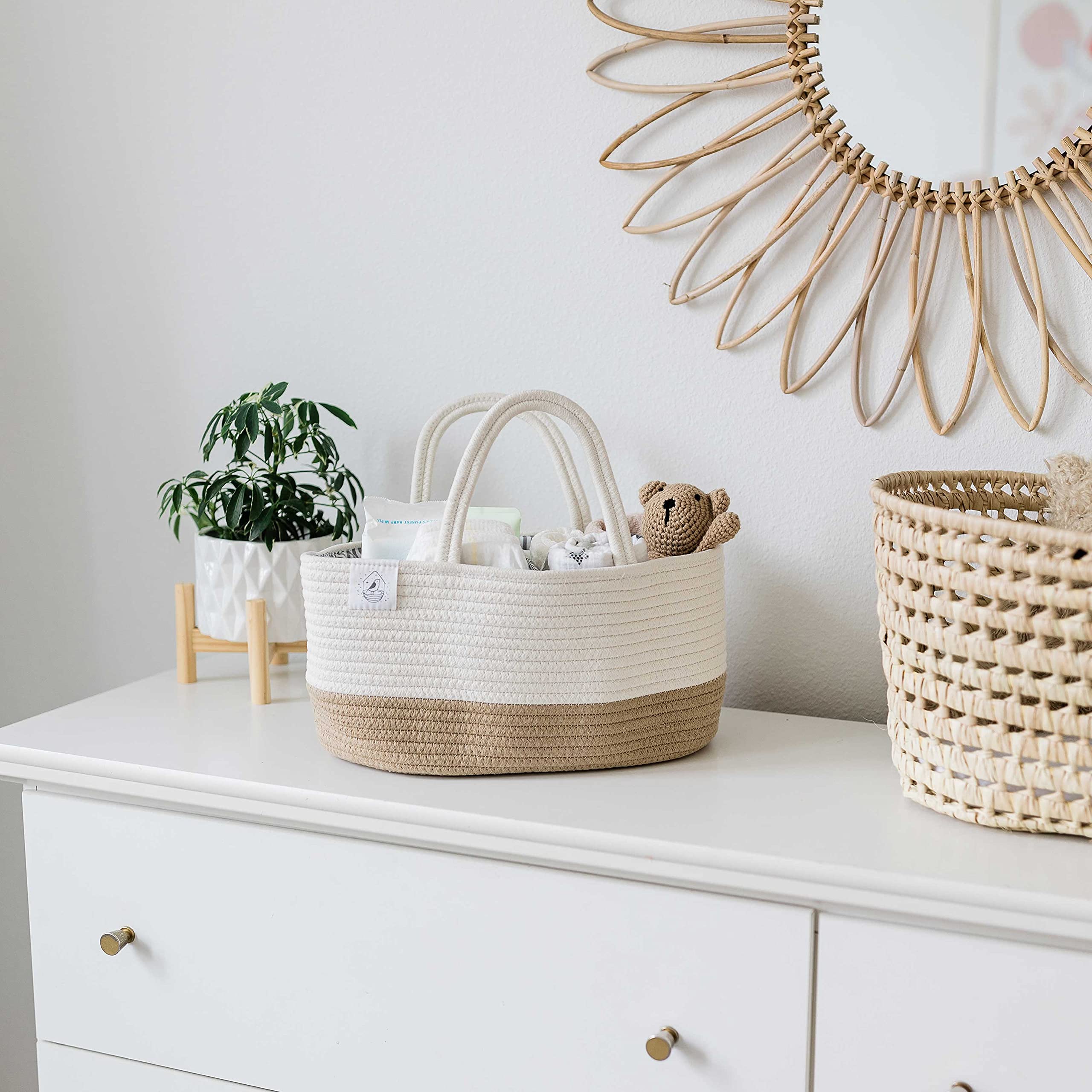 OrganiHaus Panier Rangement en Corde pour Bébé - Organiseur à Couches, Articles de Puériculture et Cadeaux Nouveau-Nés, avec Poignées - Miel/Blanc
