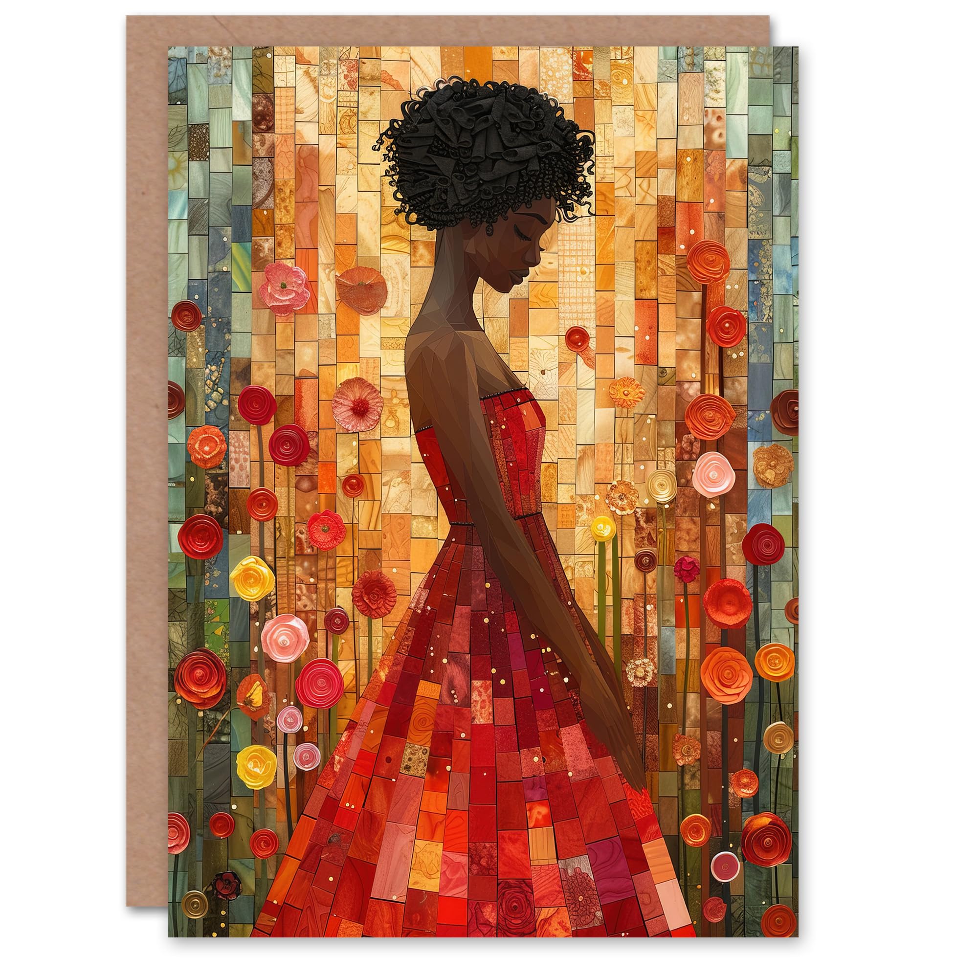 Artery8 Greeting Card Woman Red Dress Rose Garden Mosaic Collage Blank For All Him Or Her Art Birthday Card
