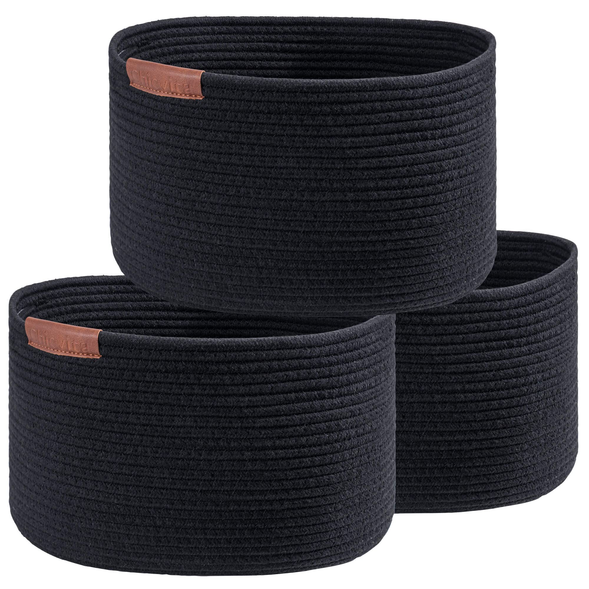 Cestas para organizar, cesta de almacenamiento con asas y etiqueta decorativa de cuero, cesta tejida para juguetes, toallas, paños, zapatos, cesta negra, 3 paquetes
