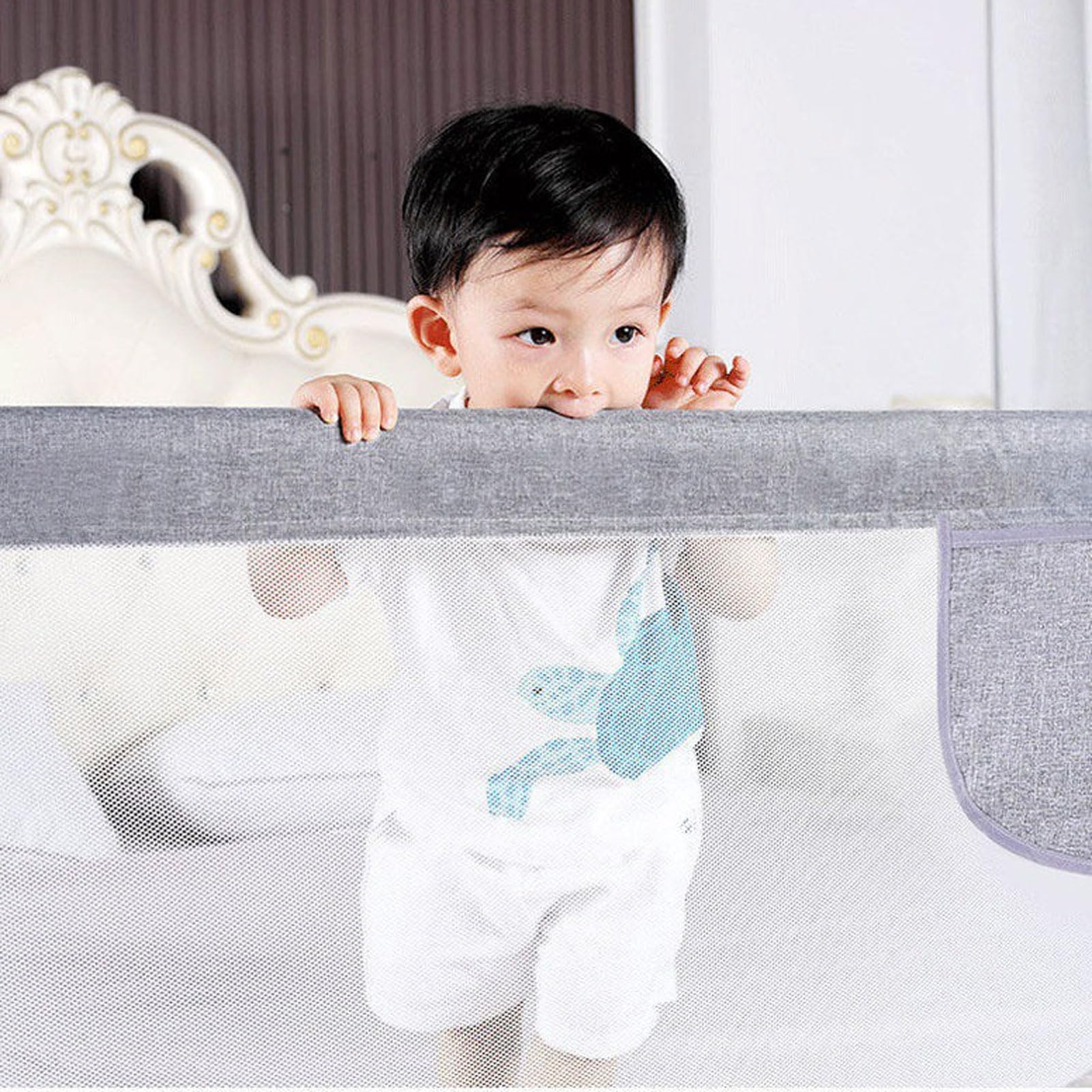 Barandilla de Seguridad para Cama de bebé o niño pequeño, extralarga, Plegable, Vertical y con Sistema de Anclaje Reforzado, para Cama Individual, Cama matrimonial o Cama Queen (A