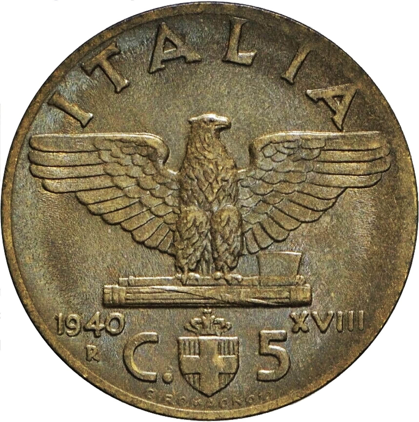 1936-1943 Mussolini Era Fascist 5 Centesimi Coin. WW2 German
