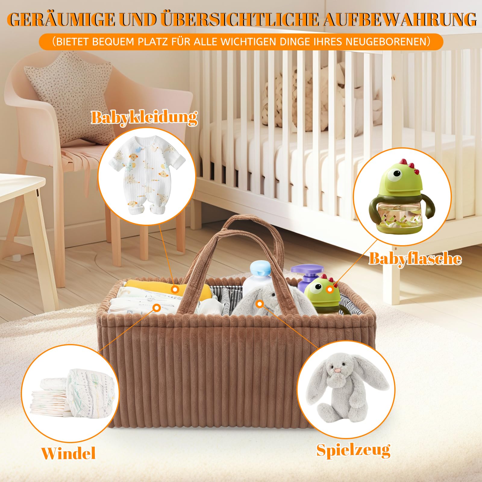 Organiseur de table à langer bébé panier velours côtelé marron foncé
