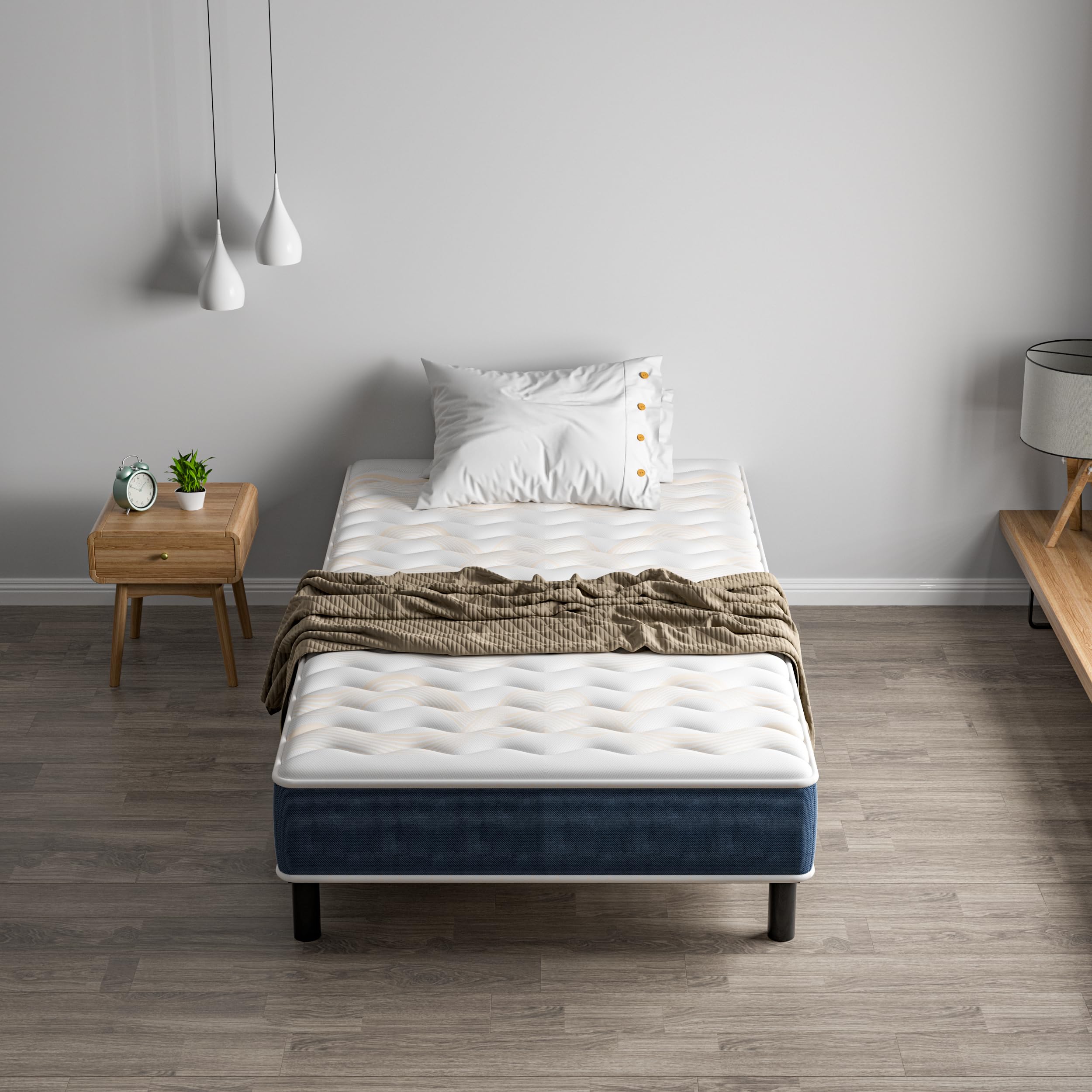 TEENO Ensemble Matelas et Sommier 90x190cm, Matelas Mousse à Mémoire, Cadre de lit en Fer 9 Pieds, 15cm, 7 Zones