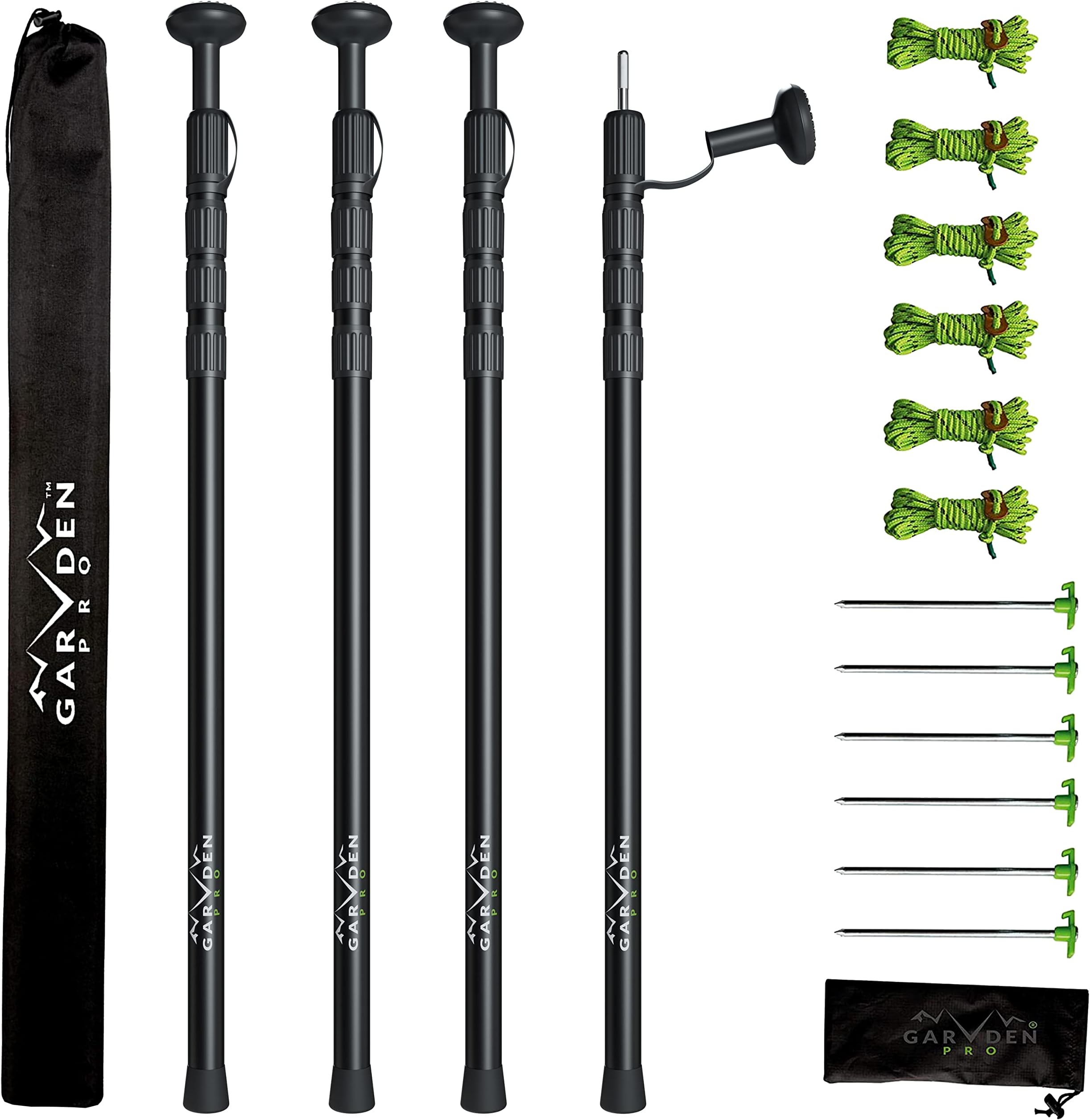 Set of 4 Telescoping Tarp Poles | Replacement Canopy Adjustable Aluminum Rods, Portable & Lightweight for Tent Fly, Awning, Outdoor Camping, Hiking, Backpacking & Rainfly + 6 Pegs & 6 Reflective Ropes