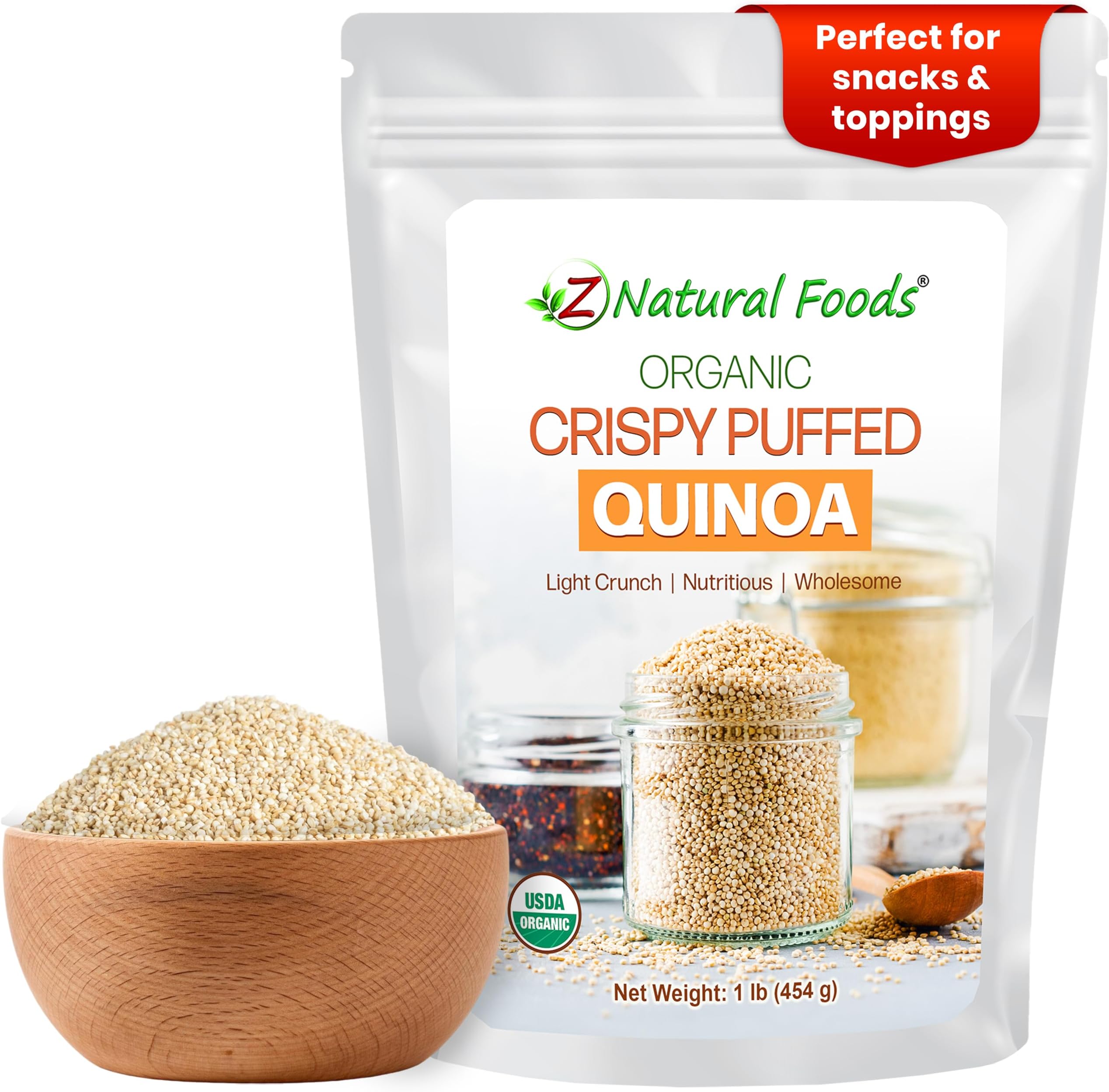 Z Natural Foods Organic Crispy Puffed Quinoa - Real Crisped Quinoa Vegan Superfood - Healthy Quinoa Crisps Snacks for Adults & Kids - Crispy Quinoa Puffs for Baking, Snacks, Yogurts, Gluten-Free, 1 lb