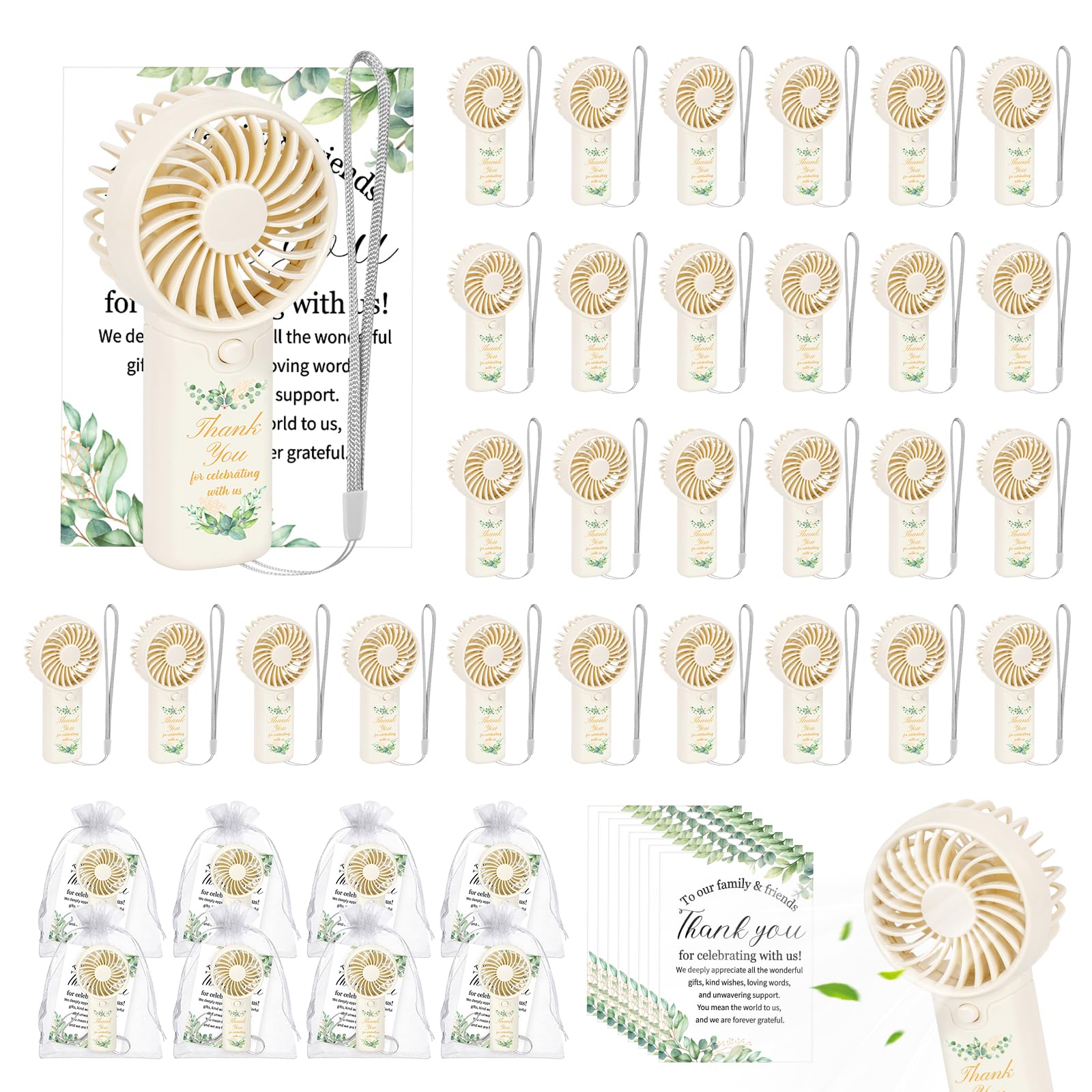36 mini ventagli portatili per matrimoni, feste premaman, alimentati a batteria, con etichette di ringraziamento, sacchetti regalo, bomboniere estive (batteria non inclusa) (36, verde foglia
