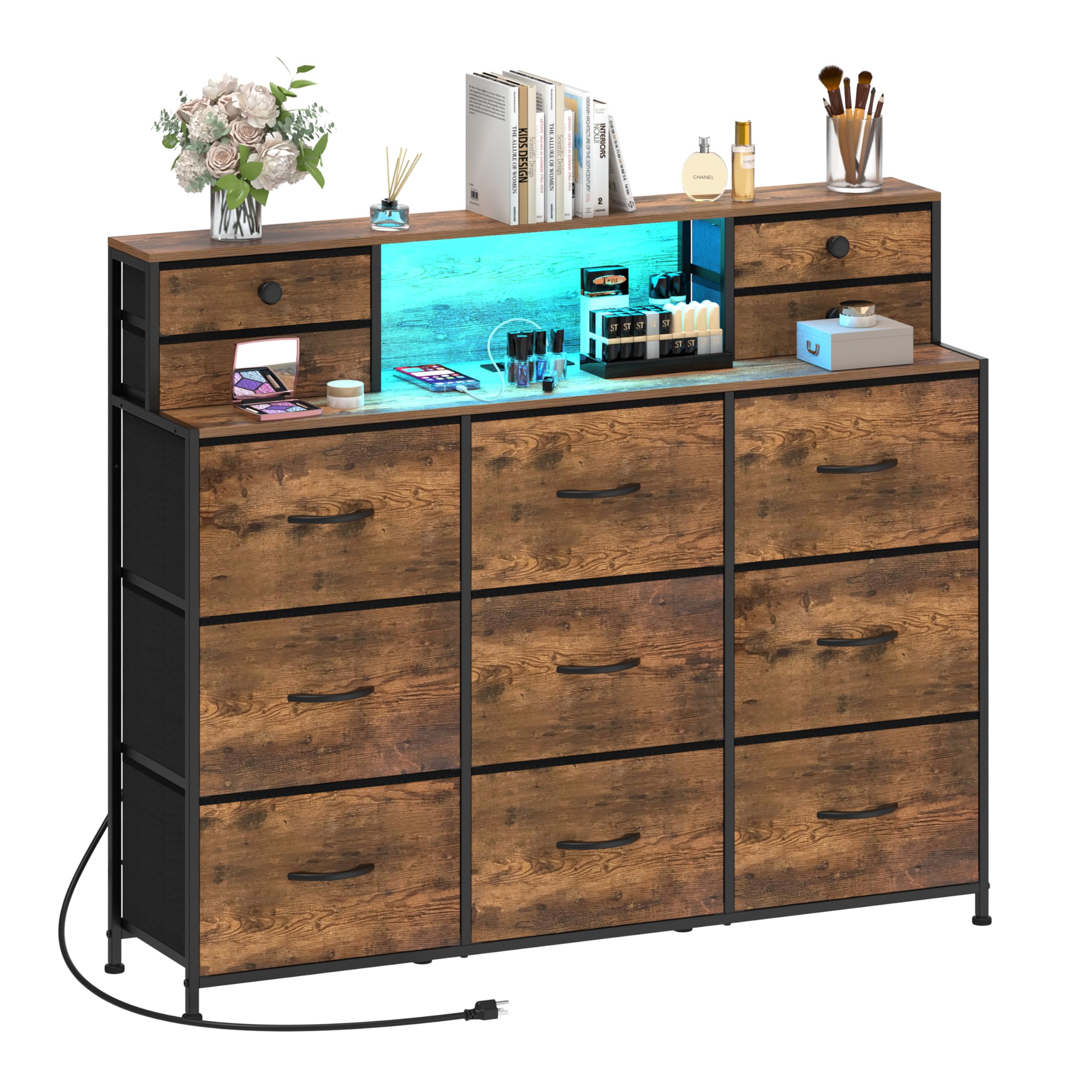Welfuturer Rustic Dresser with Charging Station and LED Lights Large 13 Drawers Dresser Fabric Chest of Drawers for Bedroom Living Room Hallway Entryway Closets Sturdy Frame Wood Top Brown