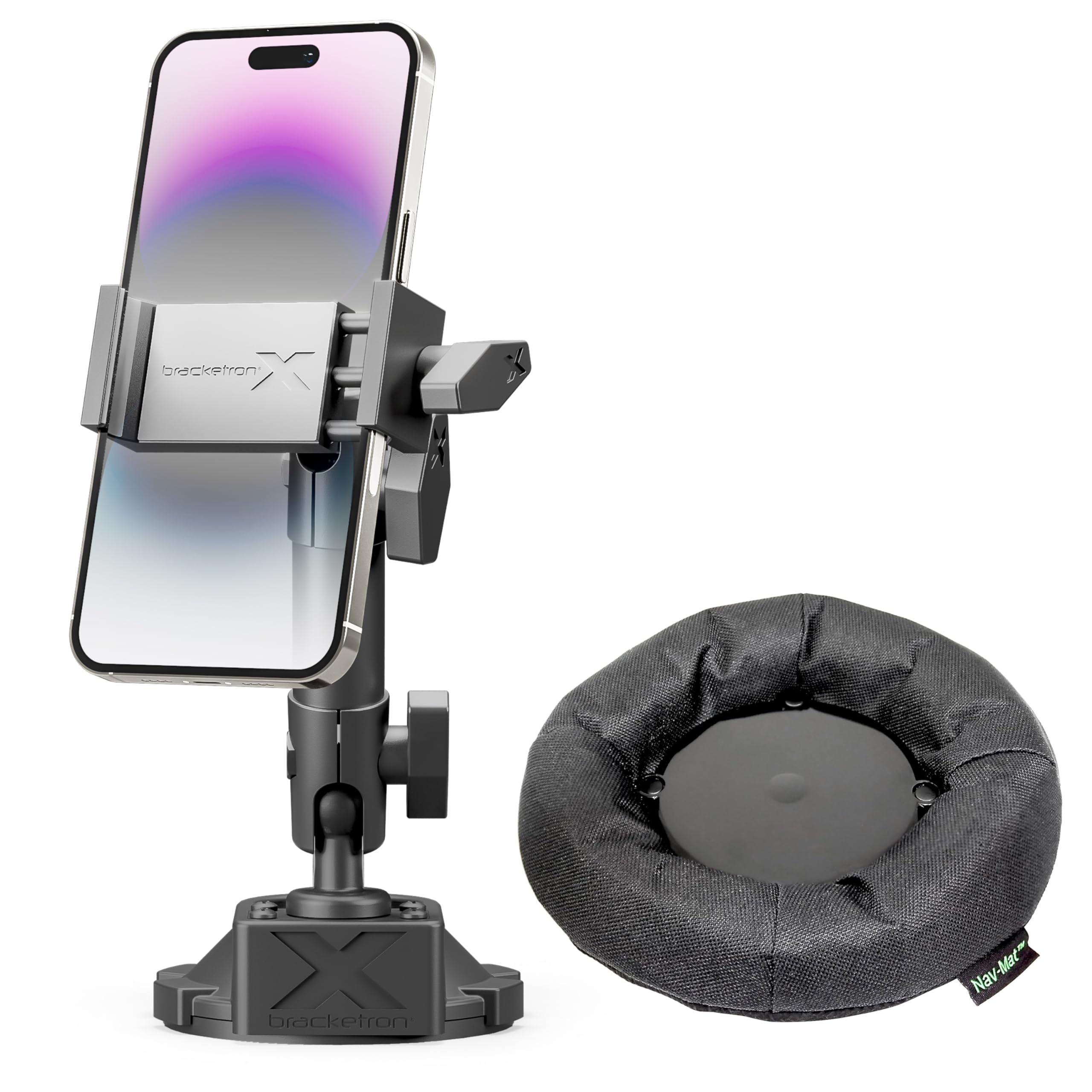 Bracketron Nav-Mat and X Heavy Duty Cell Phone Dock PRO Metal Clamp Phone Mount Portable Phone Holder and Portable Universal Anti Skid Underside Friction Pad Phone Stand