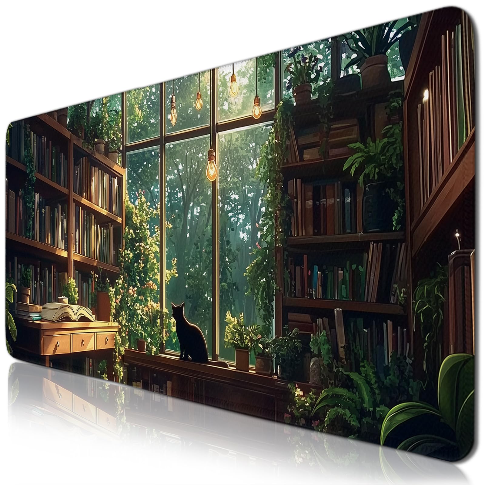 Green Plants Cat Gaming Mouse Pads Large, Full Cat Mousepad Cut, Computer Keyboard Desk Accessories Mat with Non Slip Base Stitched Edge, Gift for