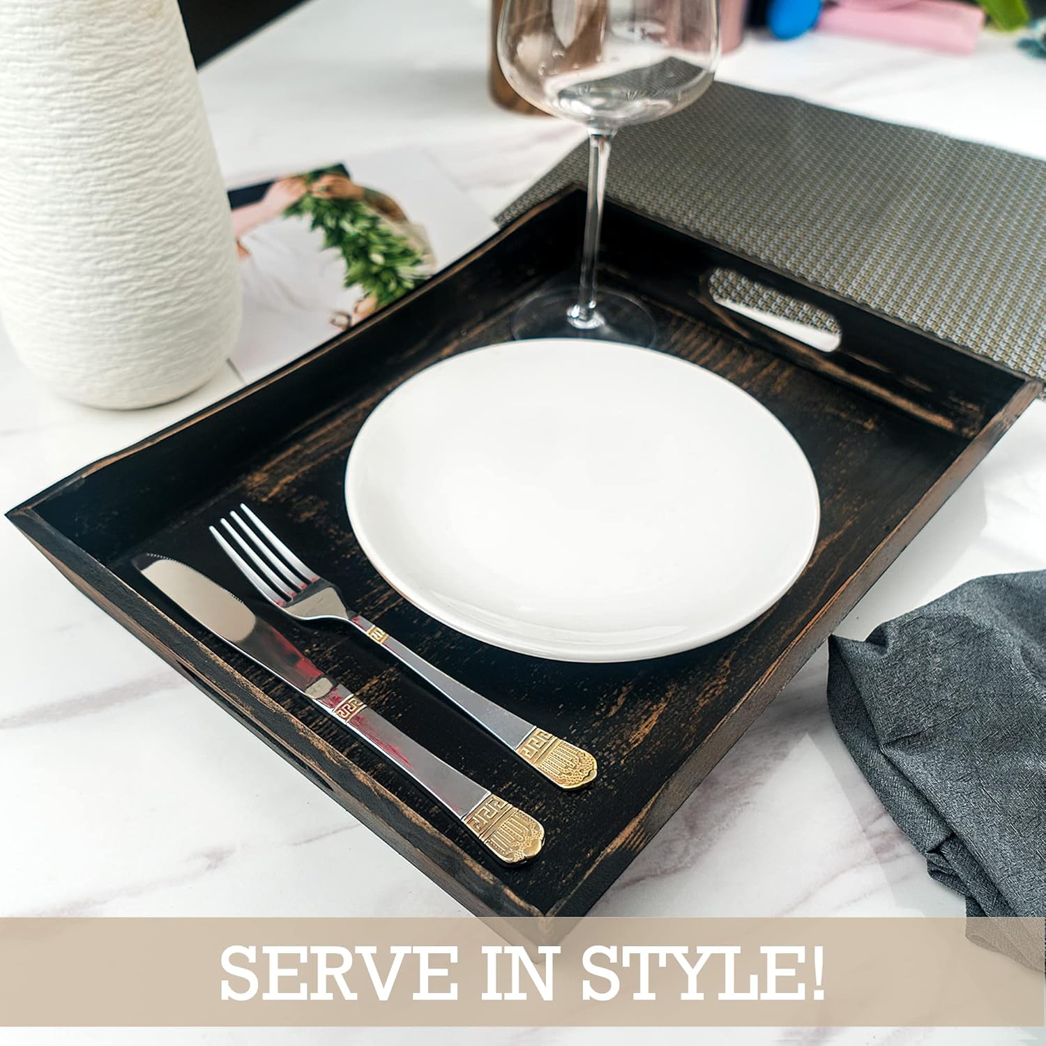 Wooden Serving Trays, Wooden Trays Set of 3 Dark Brown, Wooden Trays with Handles - Wood Serving Tray, Coffee Table Tray - Wooden Trays For Decor, Ottoman Trays - Farmhouse Trays, Wood Tray