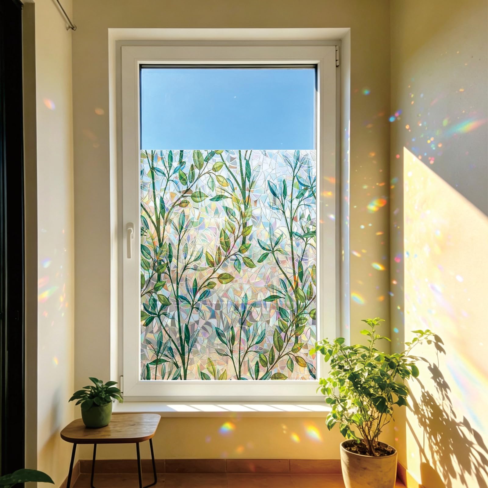 Colorful Opaque Privacy Film 65 x 260 cm Privacy Protection, Non-Adhesive Static Cling Removable Vinyl Heat Cotrol Anti Uv, Glass Windows Decorative Stickers for Home, Leaves