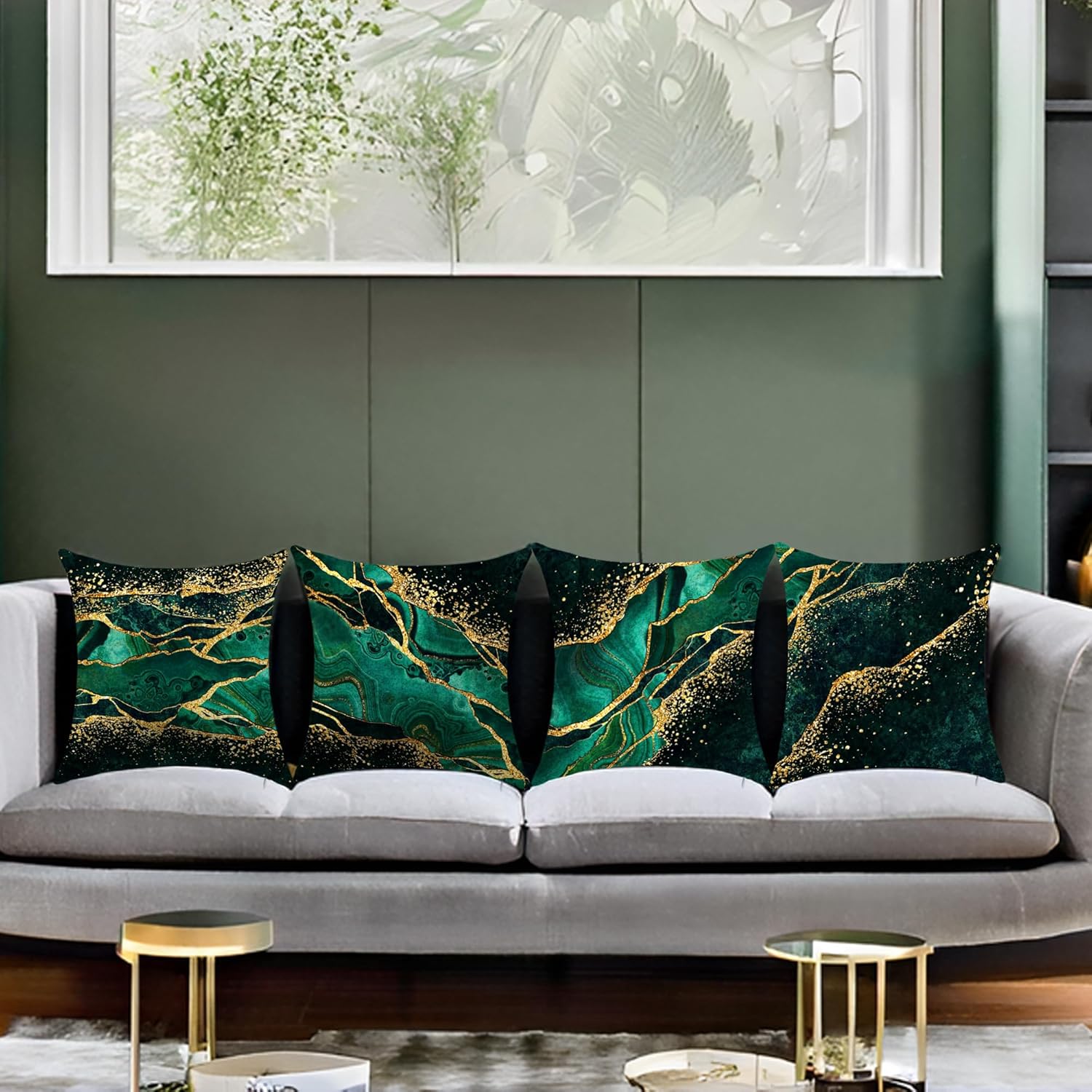 Green Throw Pillow Covers 18 x 18 lnch Decorative Pillow Covers Set of 4 Emerald Green and Gold Living Room Decor for Home Decor Room Bed Sofa Couch Pillows Pillowcases - Image 5