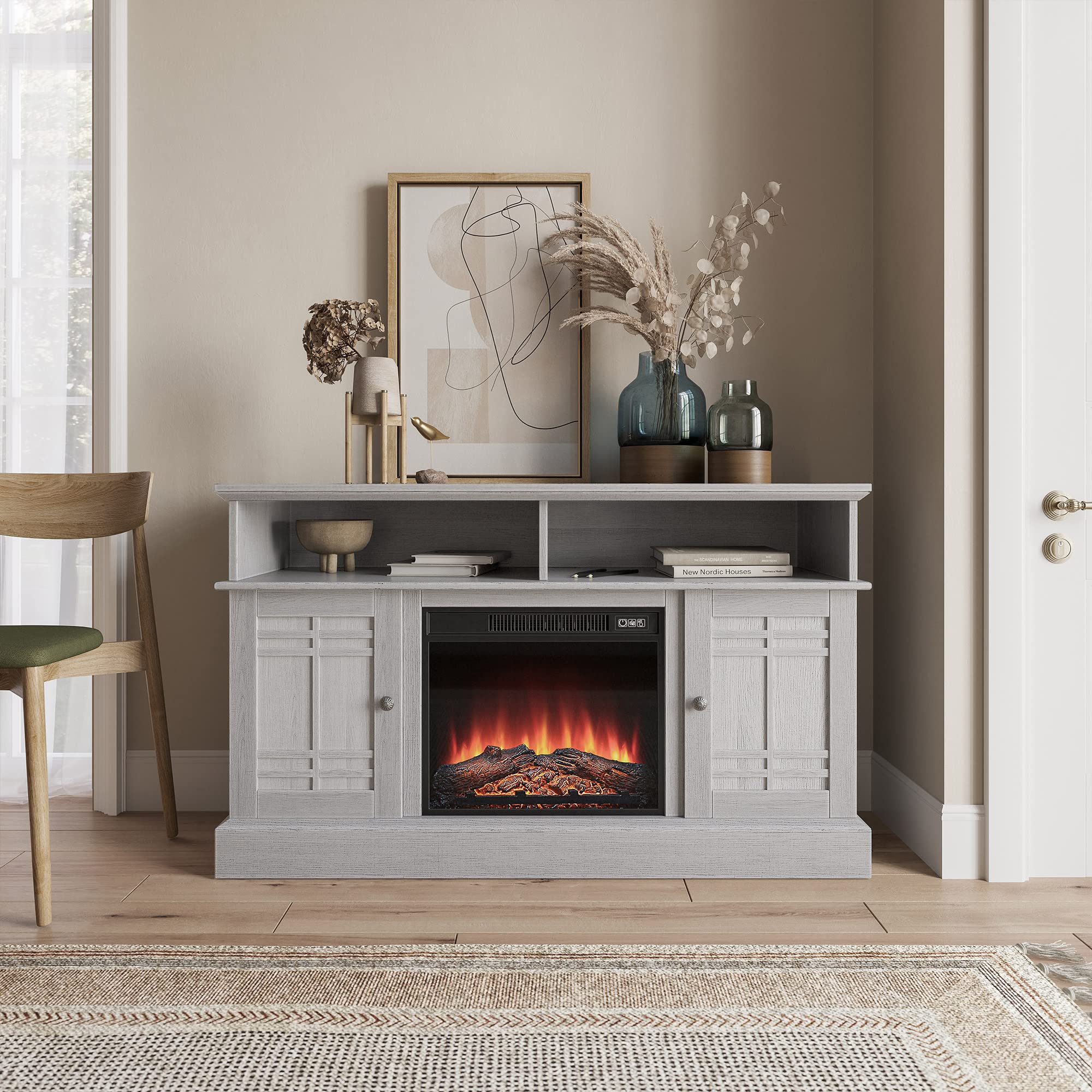 BELLEZE Modern 48 Inch Farmhouse Electric Fireplace TV Stand & Media