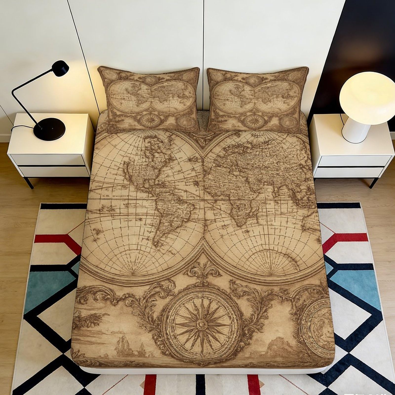 3D Printed Vintage World Map Fitted Sheet Microfiber Soft Anti-Slip Old Compass Mattress Cover Bedroom Decor 180x200x25cm