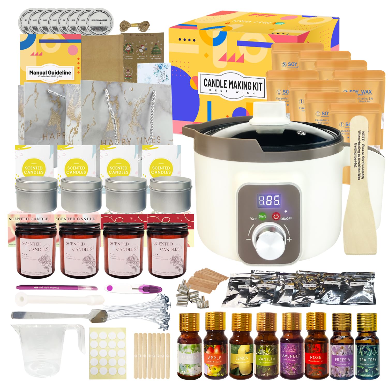 Kit de Fabrication de Bougies DIY, Kit Bougies a Faire Soi meme Adulte, Pot de Fusion de Cire électrique avec Bec Verseur, 8 Boîtes à Bougies, 8 Huiles Parfumées